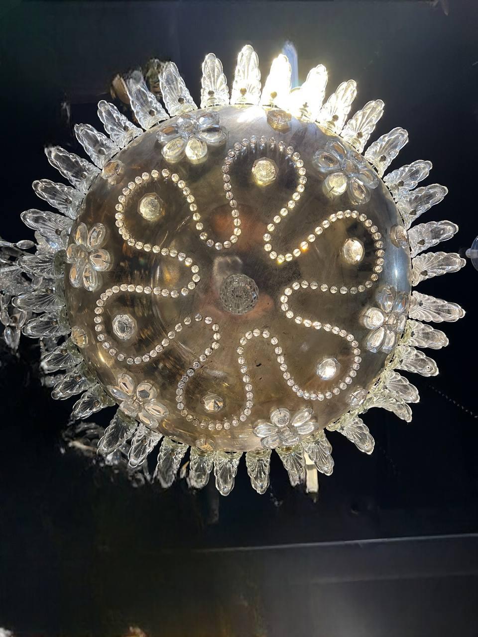 1930's French Silver Plated Light Fixture with Crystals Flowers  In Good Condition For Sale In New York, NY