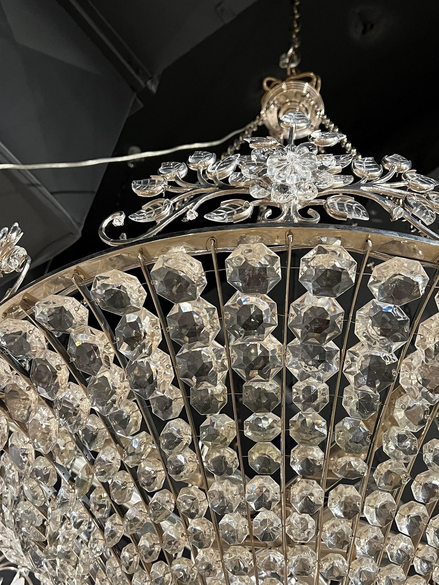 French Provincial 1930's French Nickel Plated Crystal Light Fixture  For Sale