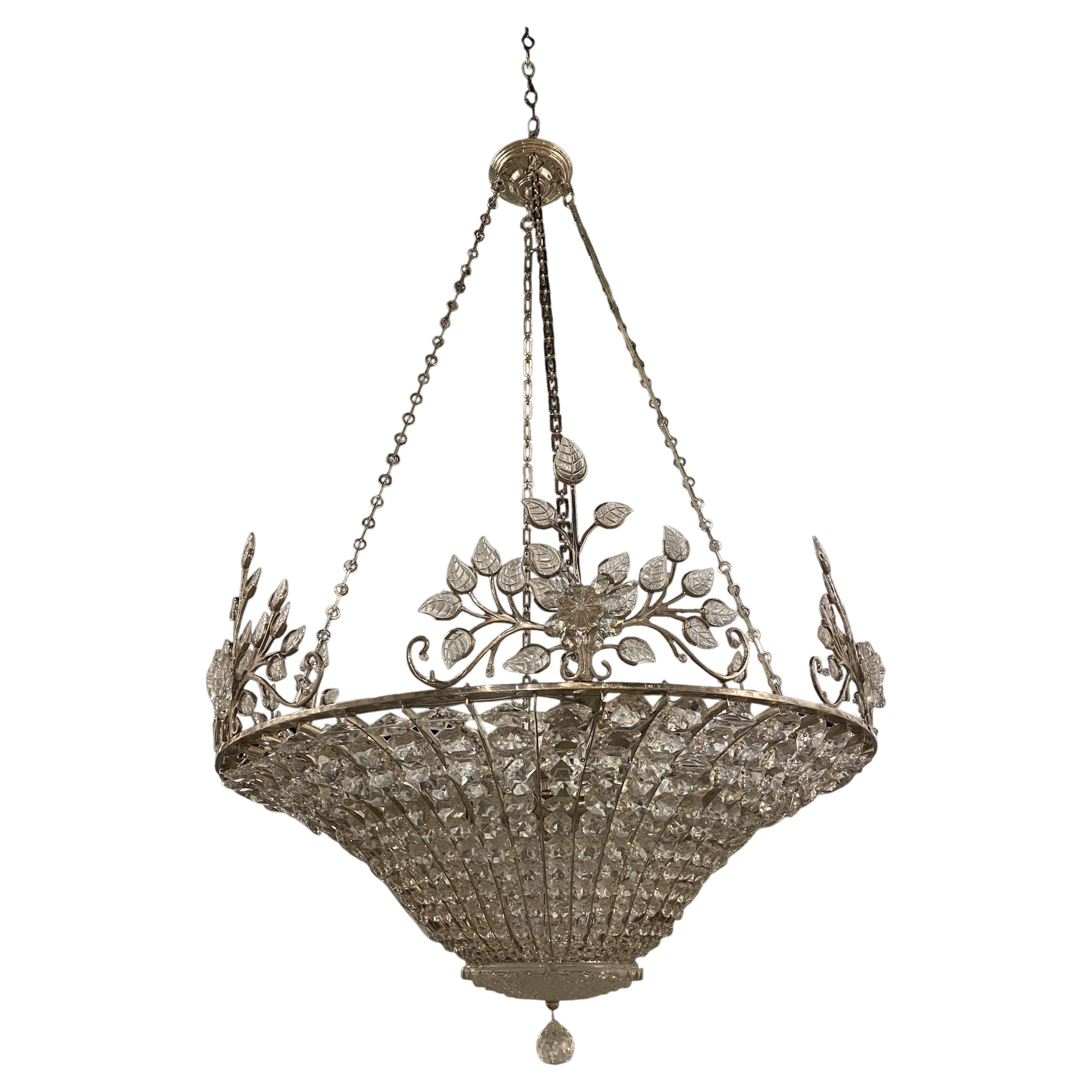 1930's French Nickel Plated Crystal Light Fixture 