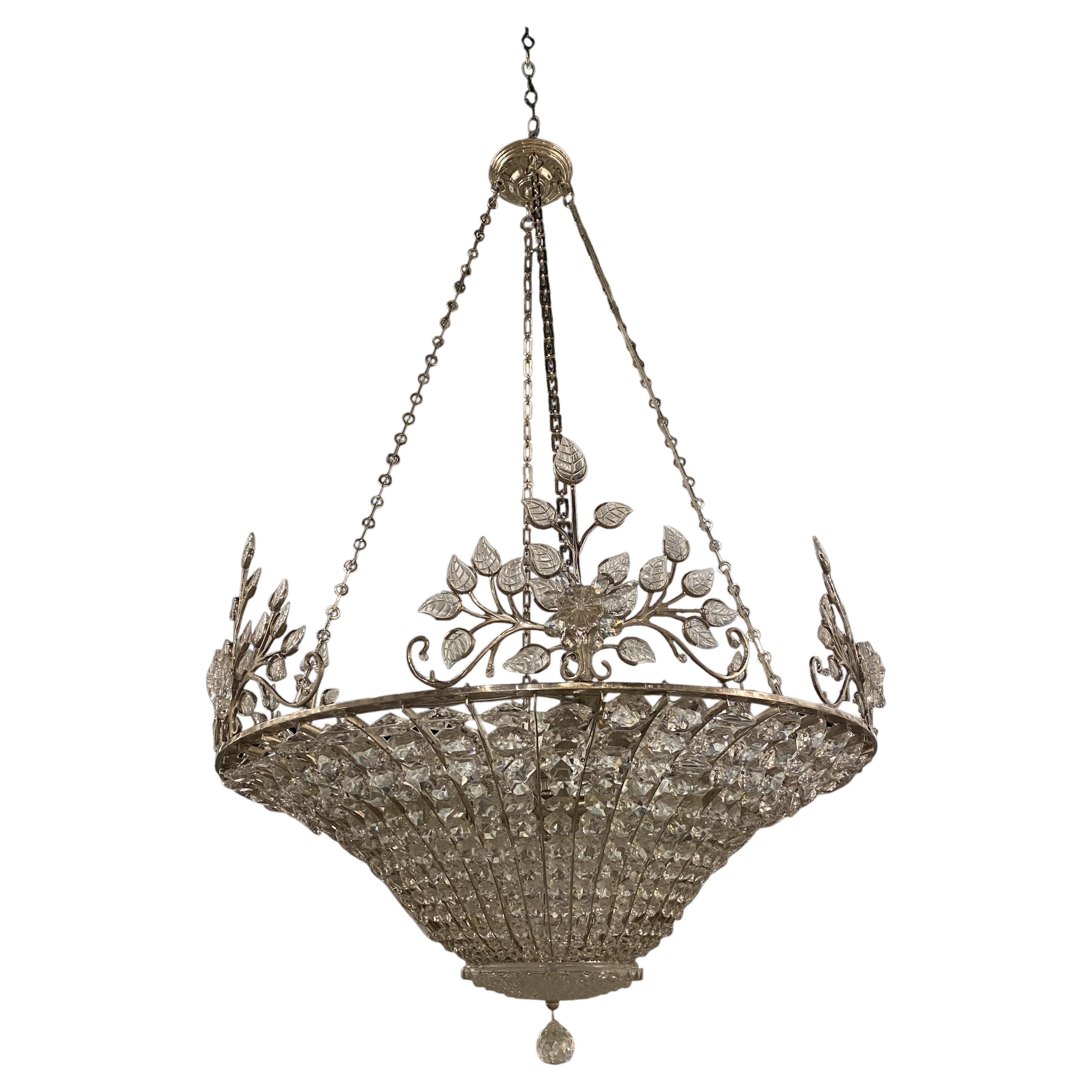 1930's French Nickel Plated Crystal Light Fixture