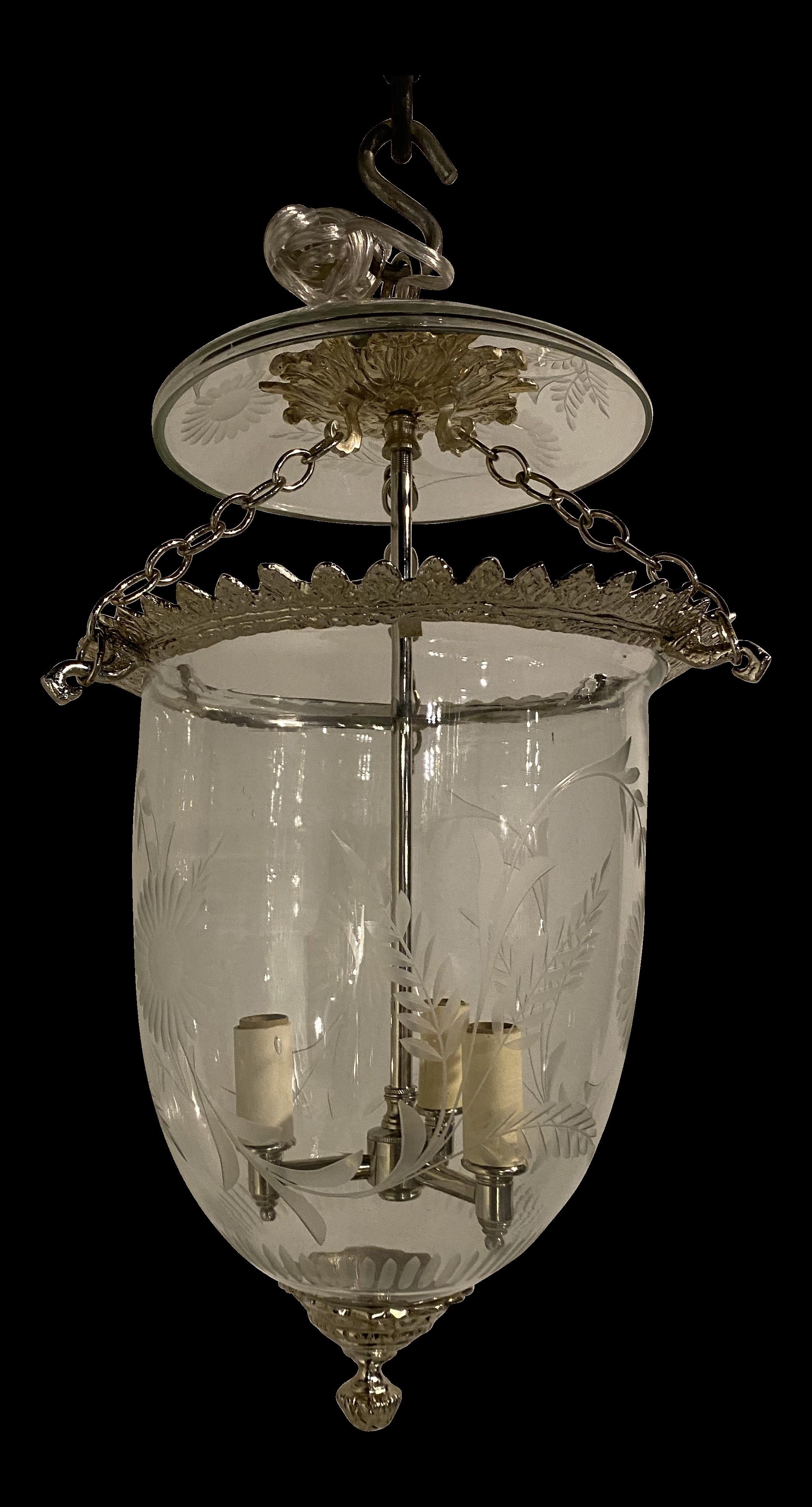 A circa 1930's French etched glass lantern with silver plated bronze fitting.