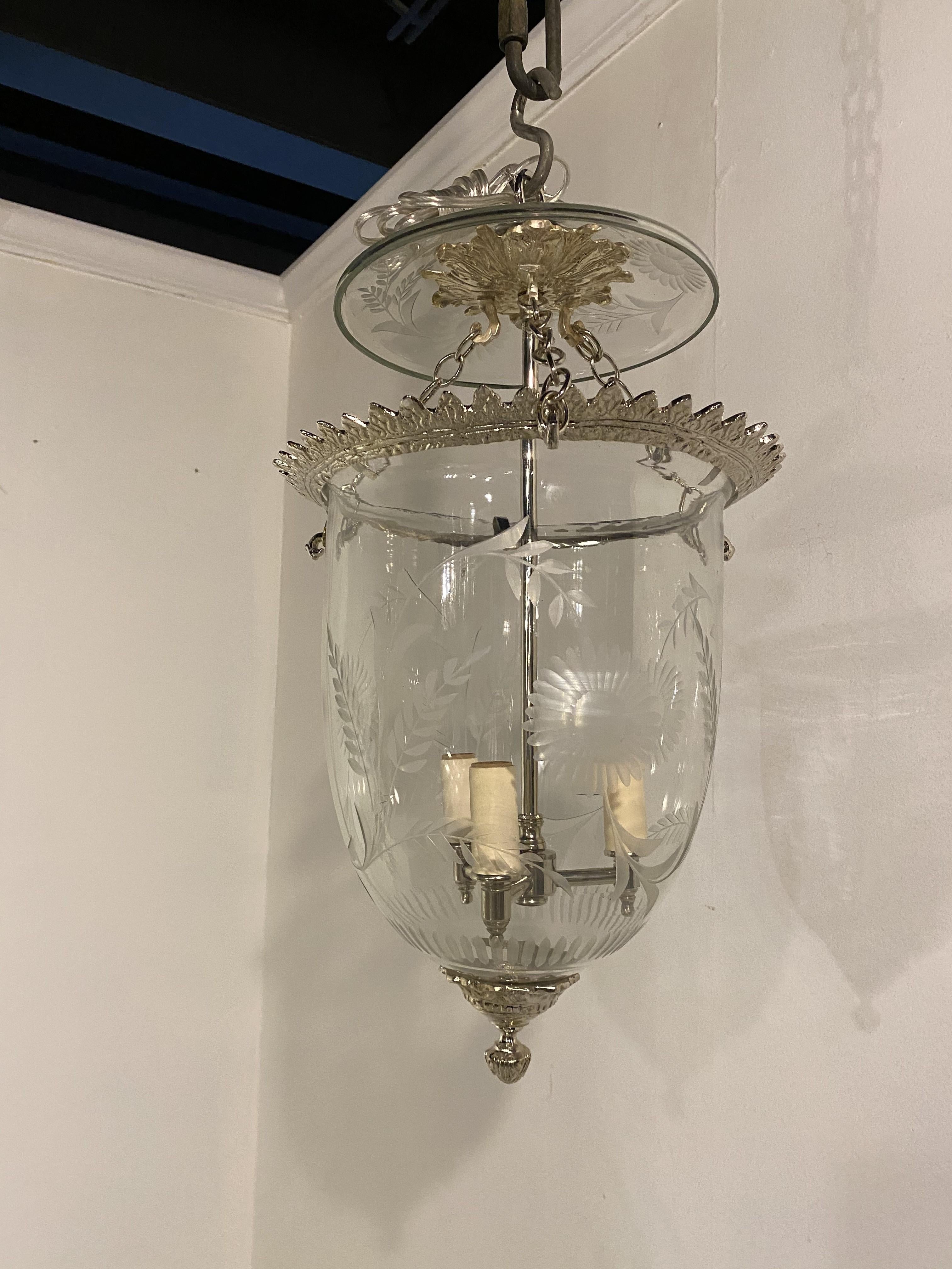 French Provincial 1930's French Silver Plated Lantern with Etched Glass For Sale