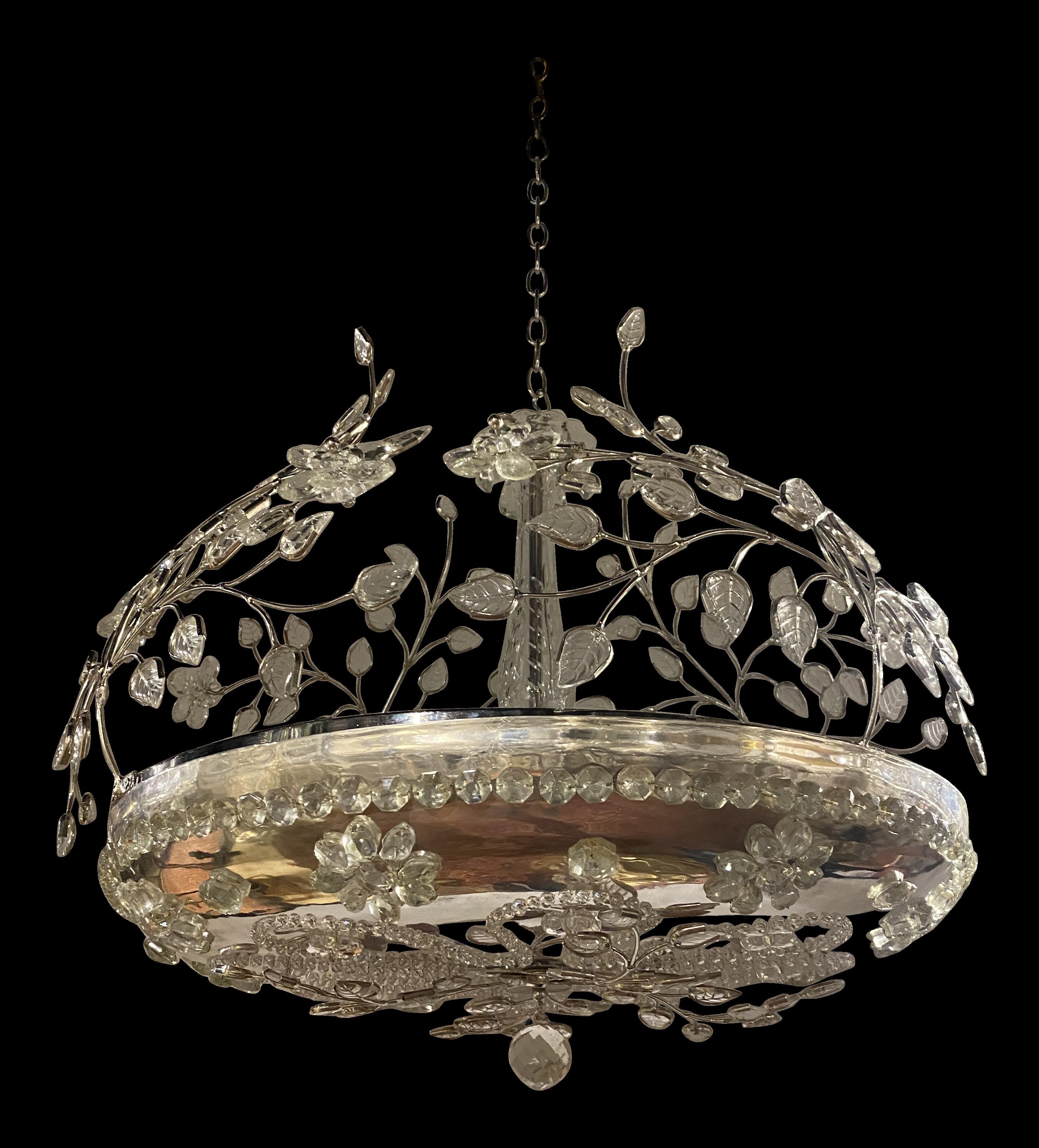 A circa 1930's French silver plated light fixture with crystals ,8 interior lights