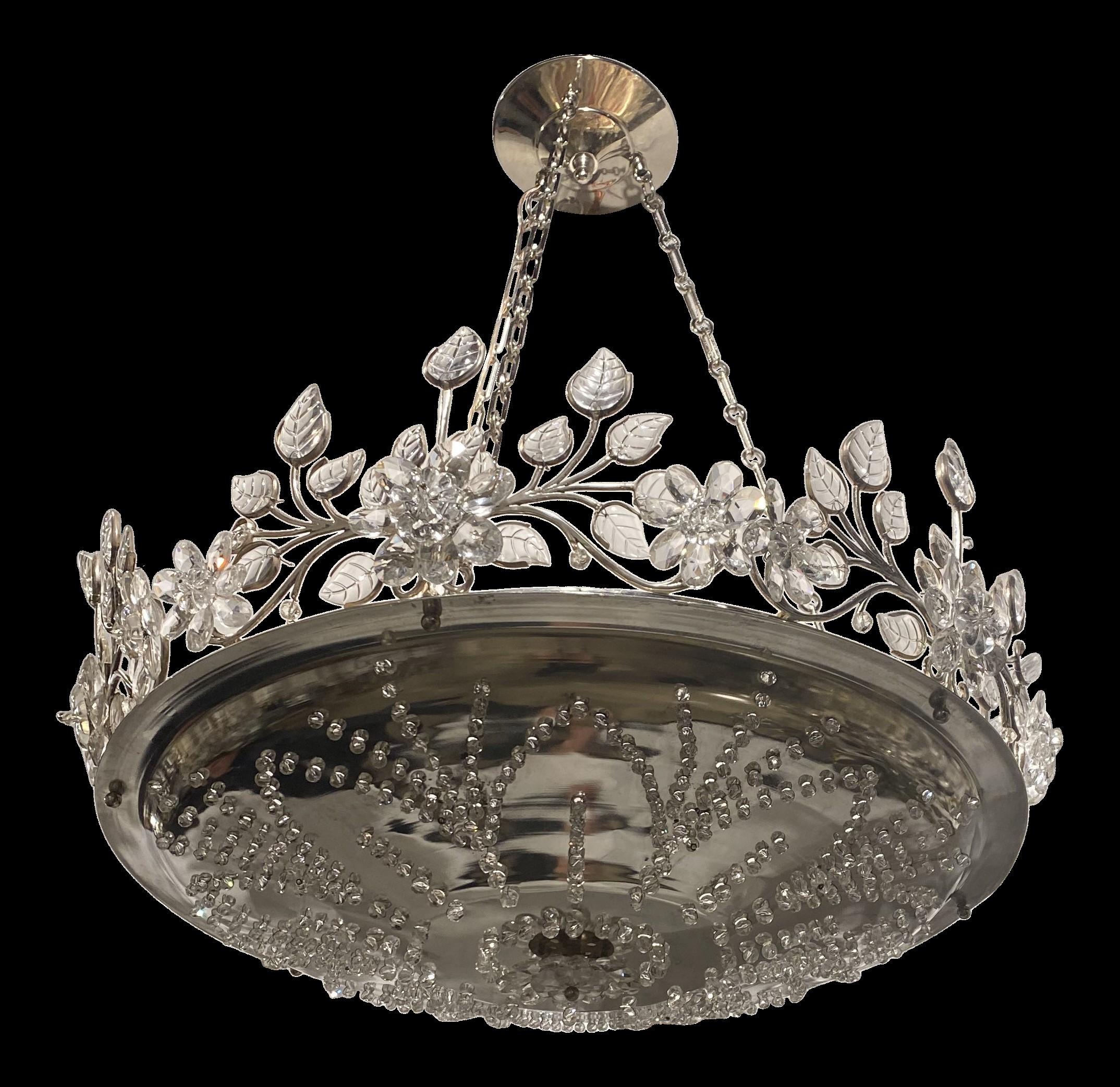 French Provincial 1930's French Silver Plated Light Fixture with Glass Flowers For Sale