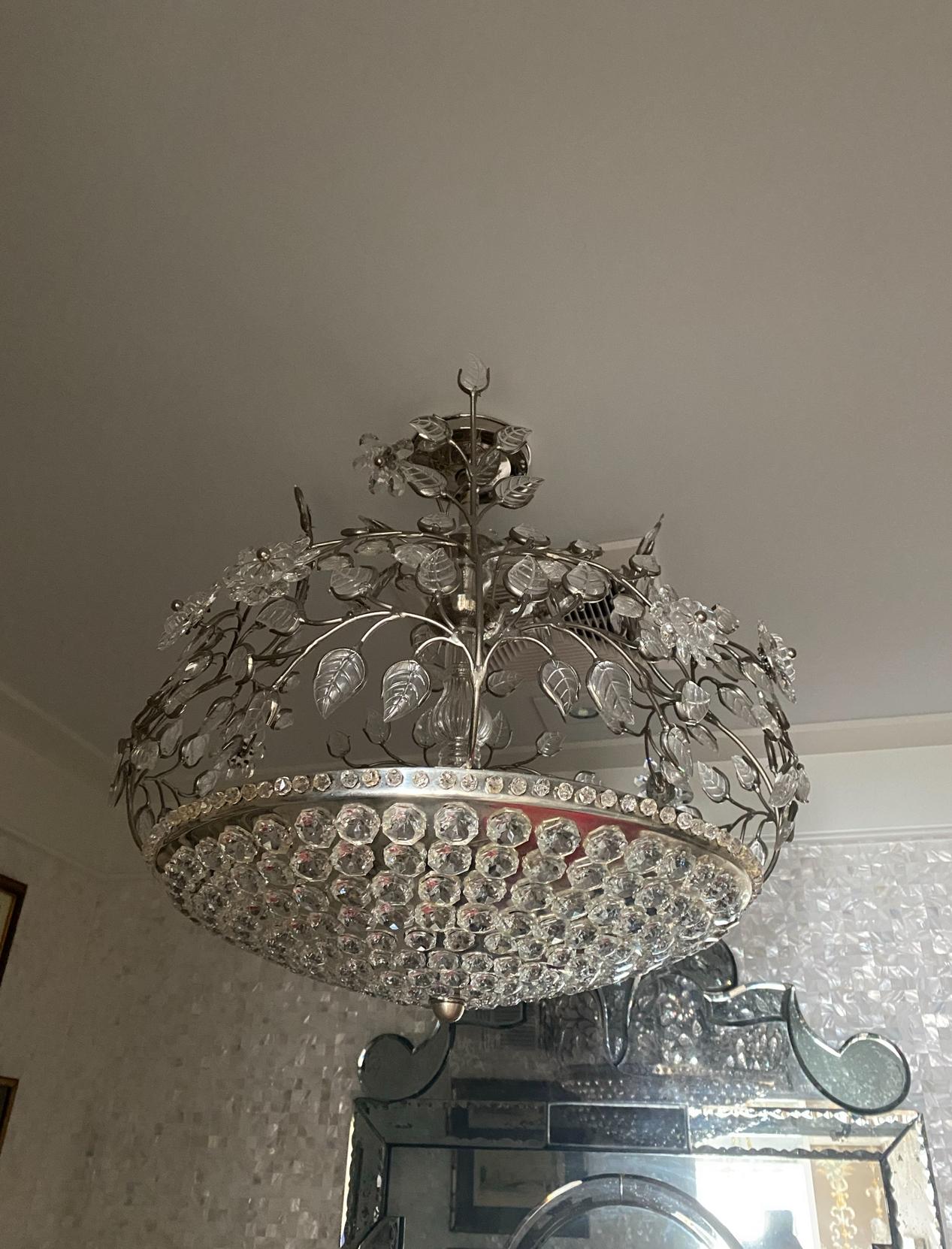 French Provincial 1930’s French Silver Plated Light Fixture with Glass leaves For Sale