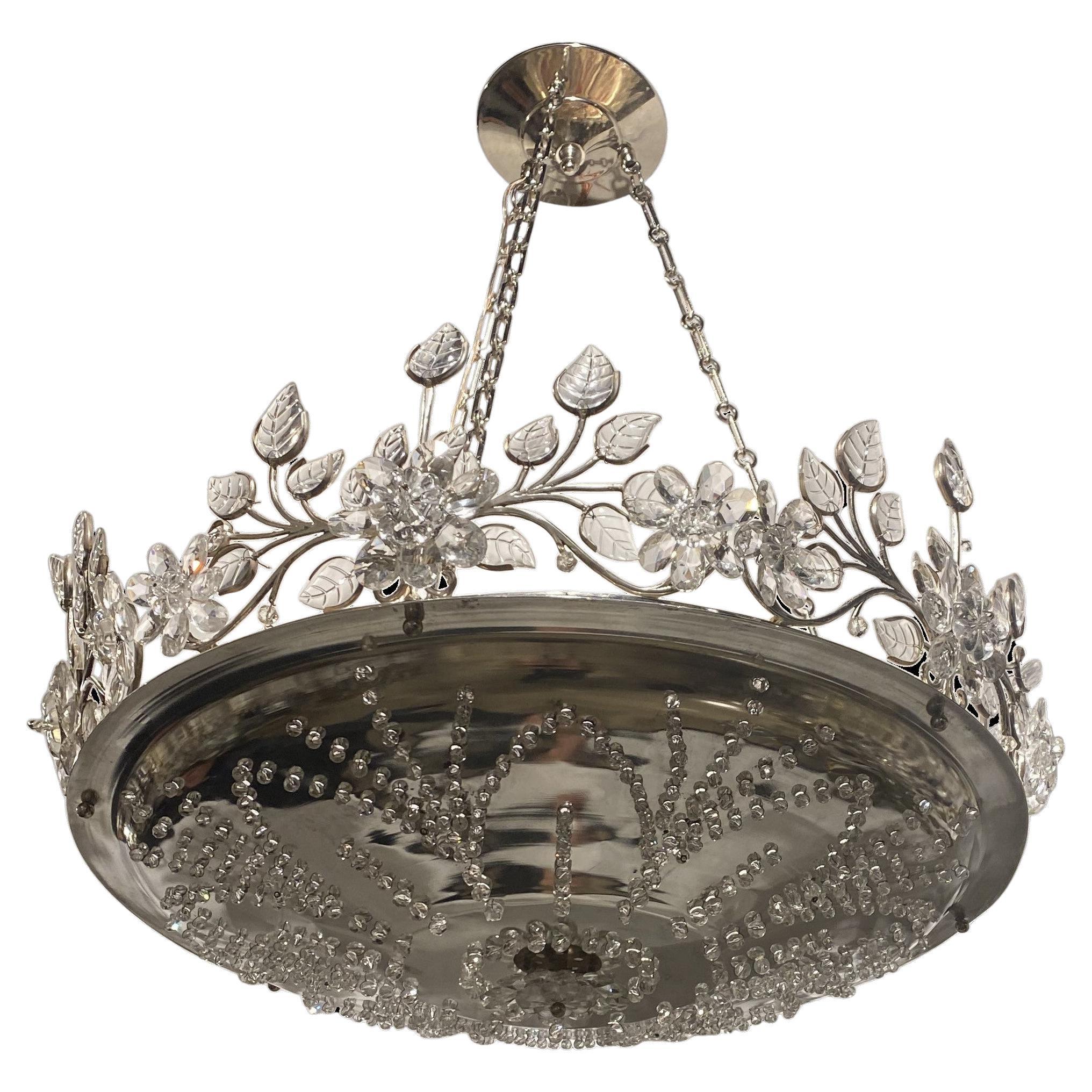 1930's French Silver Plated Light Fixture with Glass Flowers For Sale