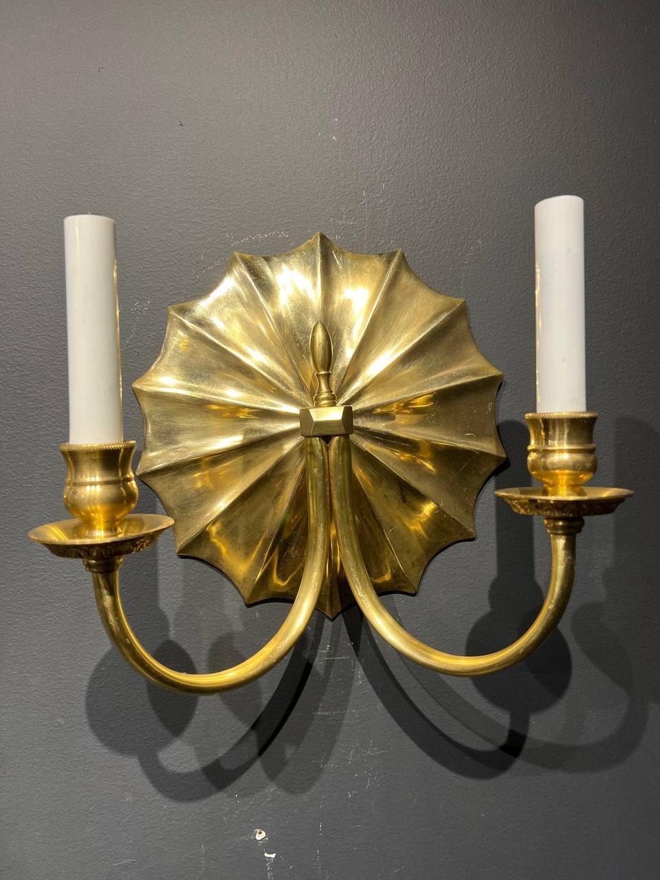 American 1930's Gilt Bronze Sunburst Sconces with Two Lights - Pair  For Sale