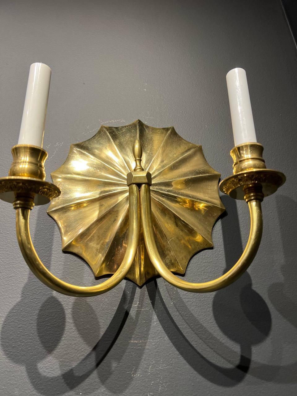 1930's Gilt Bronze Sunburst Sconces with Two Lights - Pair  In Good Condition For Sale In New York, NY