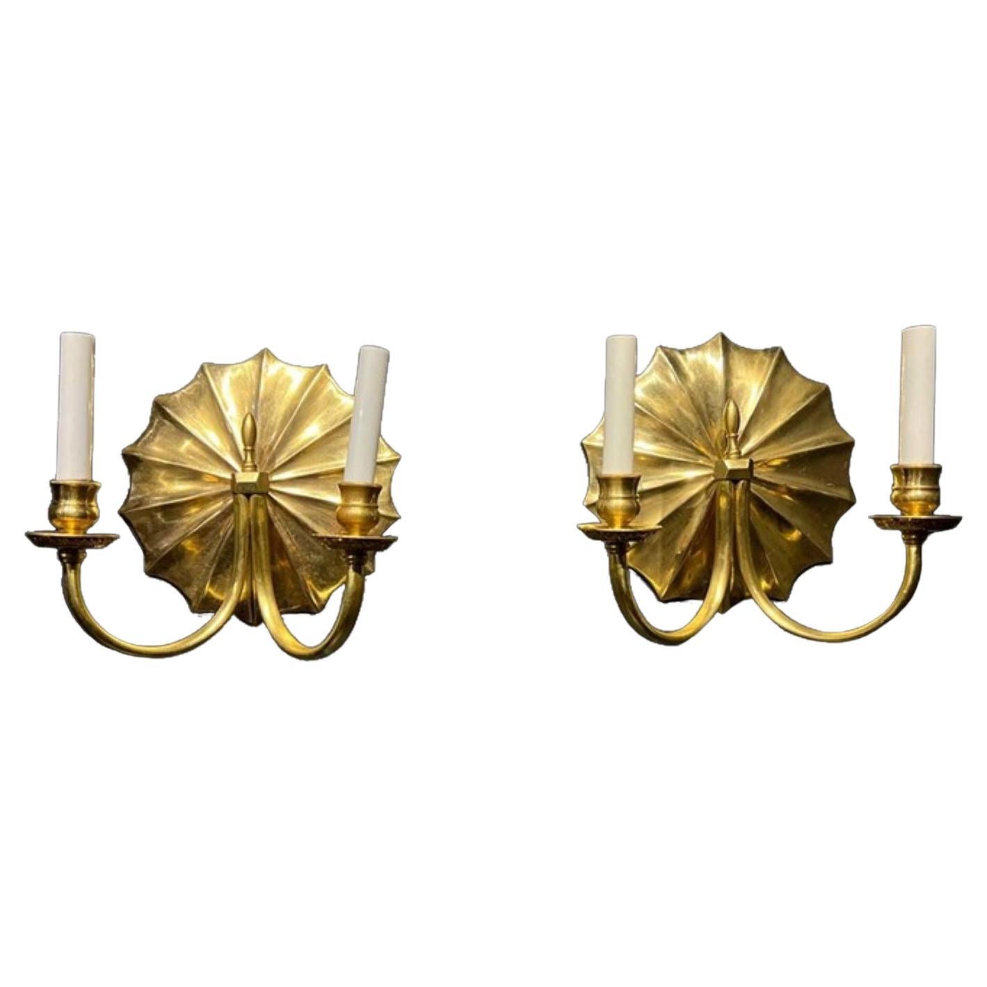 1930's Gilt Bronze Sunburst Sconces with Two Lights - Pair 