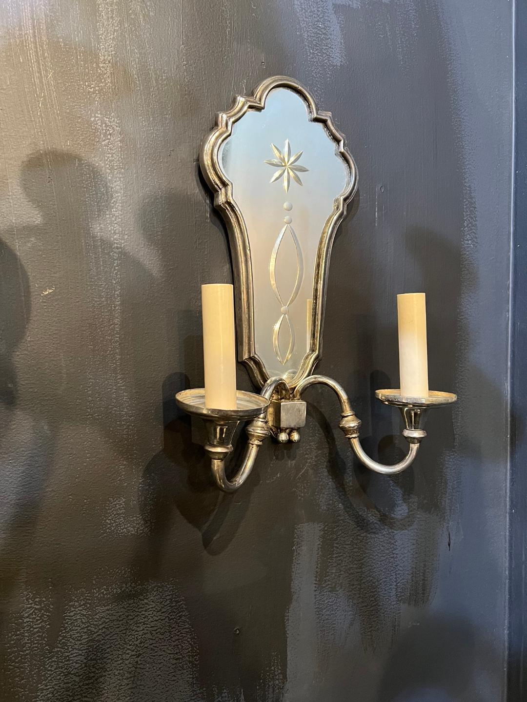 American Classical 1930's Silver Plated Sconces with Etched Mirror  For Sale