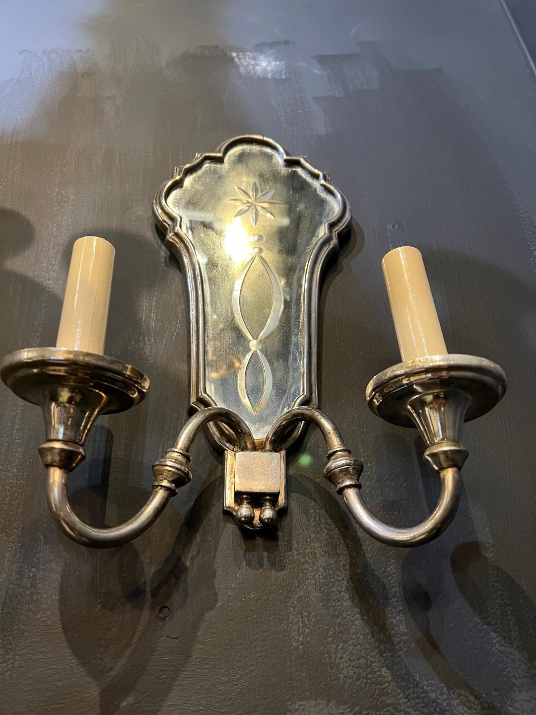 French 1930's Silver Plated Sconces with Etched Mirror  For Sale