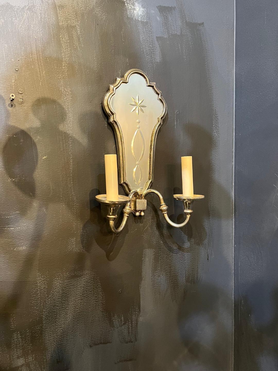 Silvered 1930's Silver Plated Sconces with Etched Mirror  For Sale