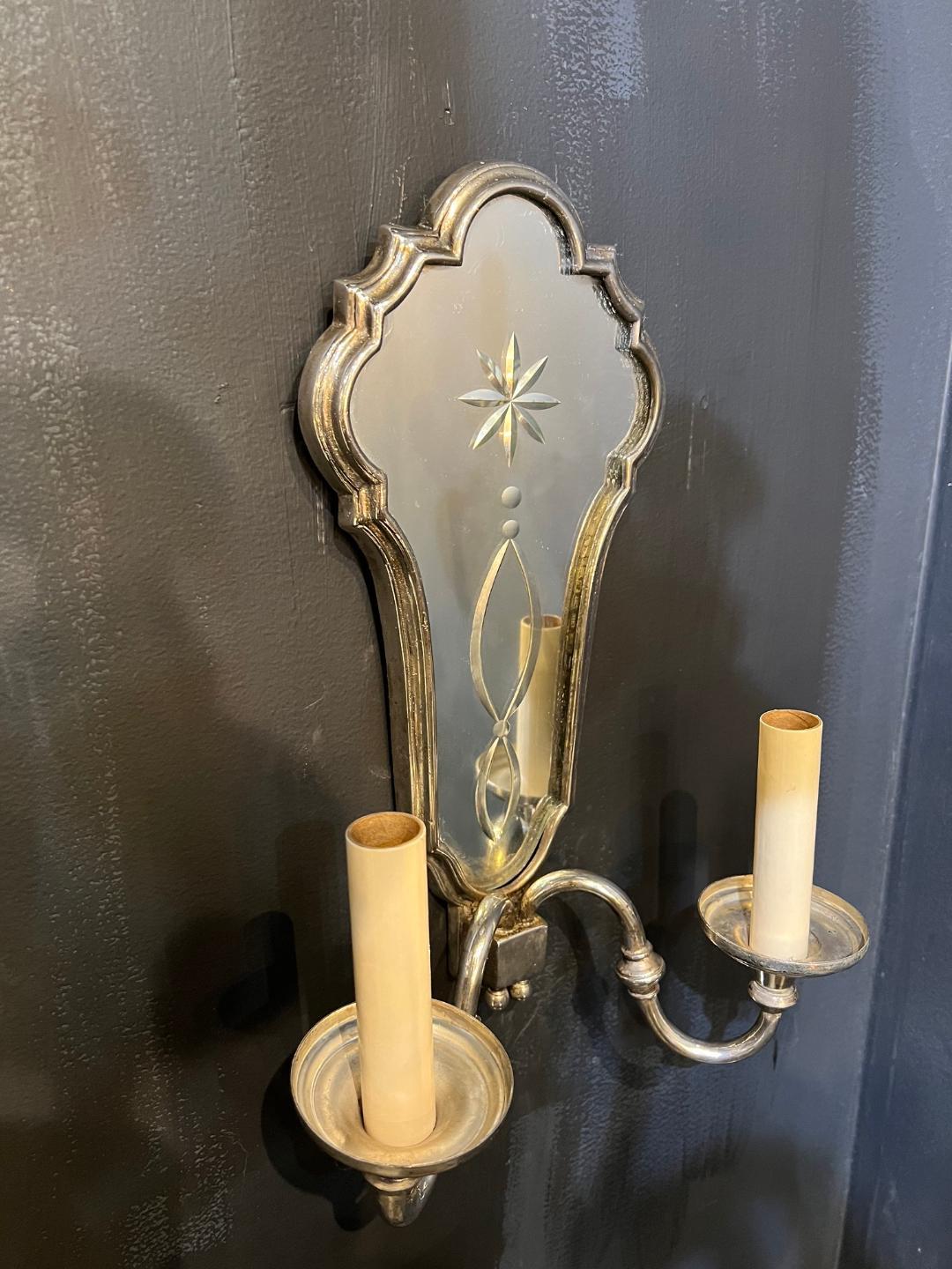 1930's Silver Plated Sconces with Etched Mirror  In Good Condition For Sale In New York, NY