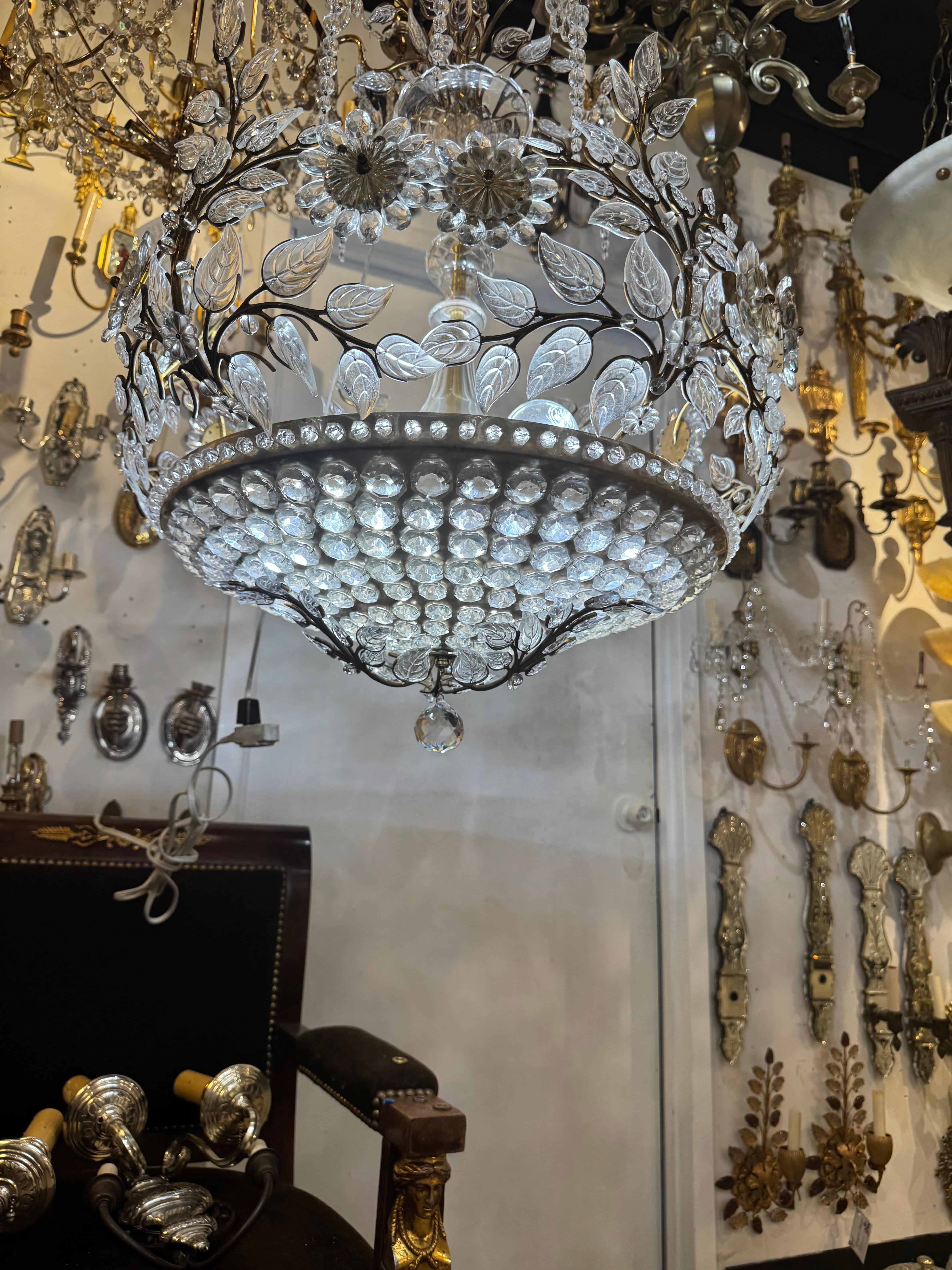 1940’s French Bagues silver leaf metal light fixture with incrustes crystals bottom part and glass leaves and flowers on top, beautiful patina and newly rewired( UL)