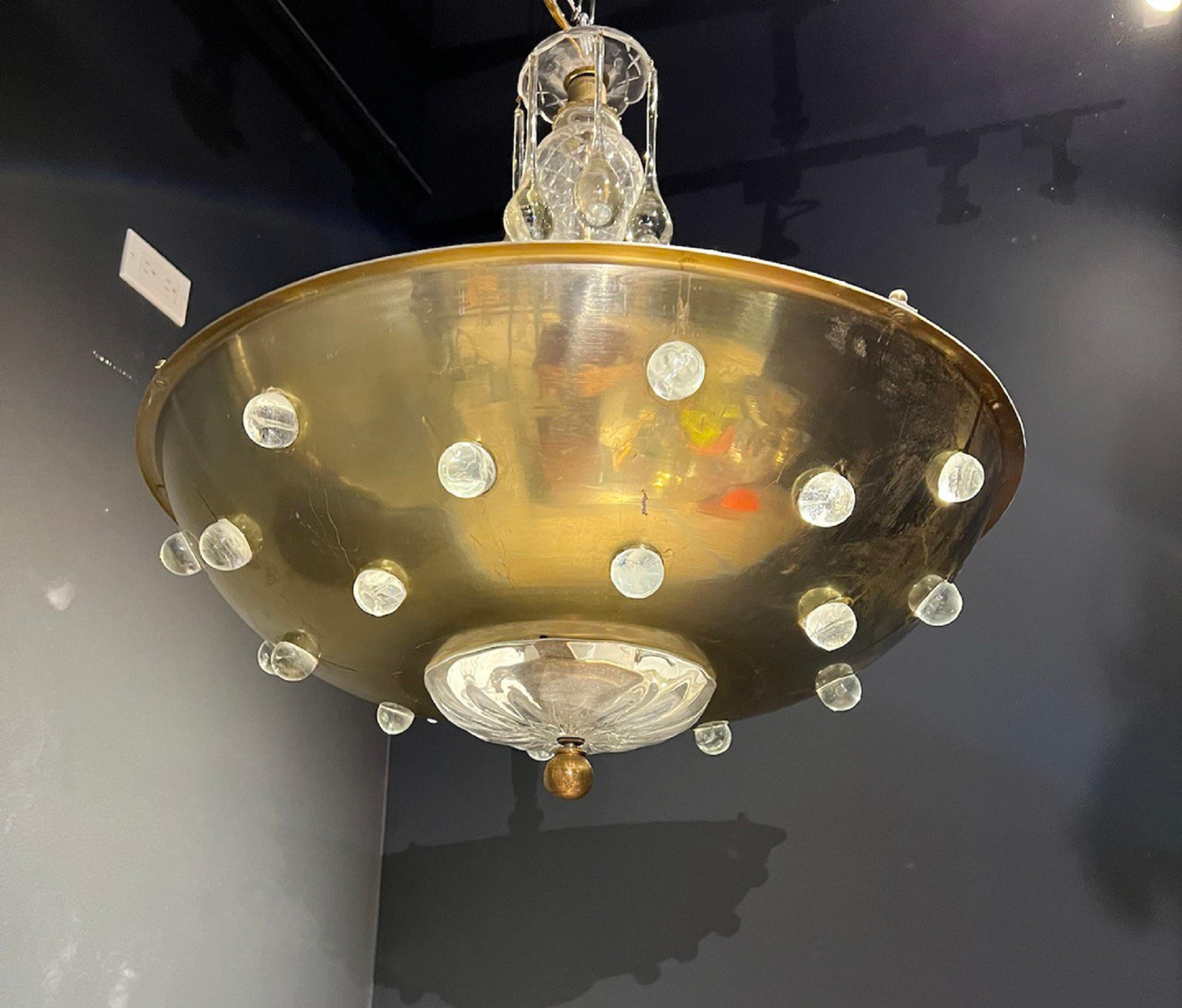1940's Austrian Gilt Bronze Light Fixture with Crystals In Good Condition For Sale In New York, NY