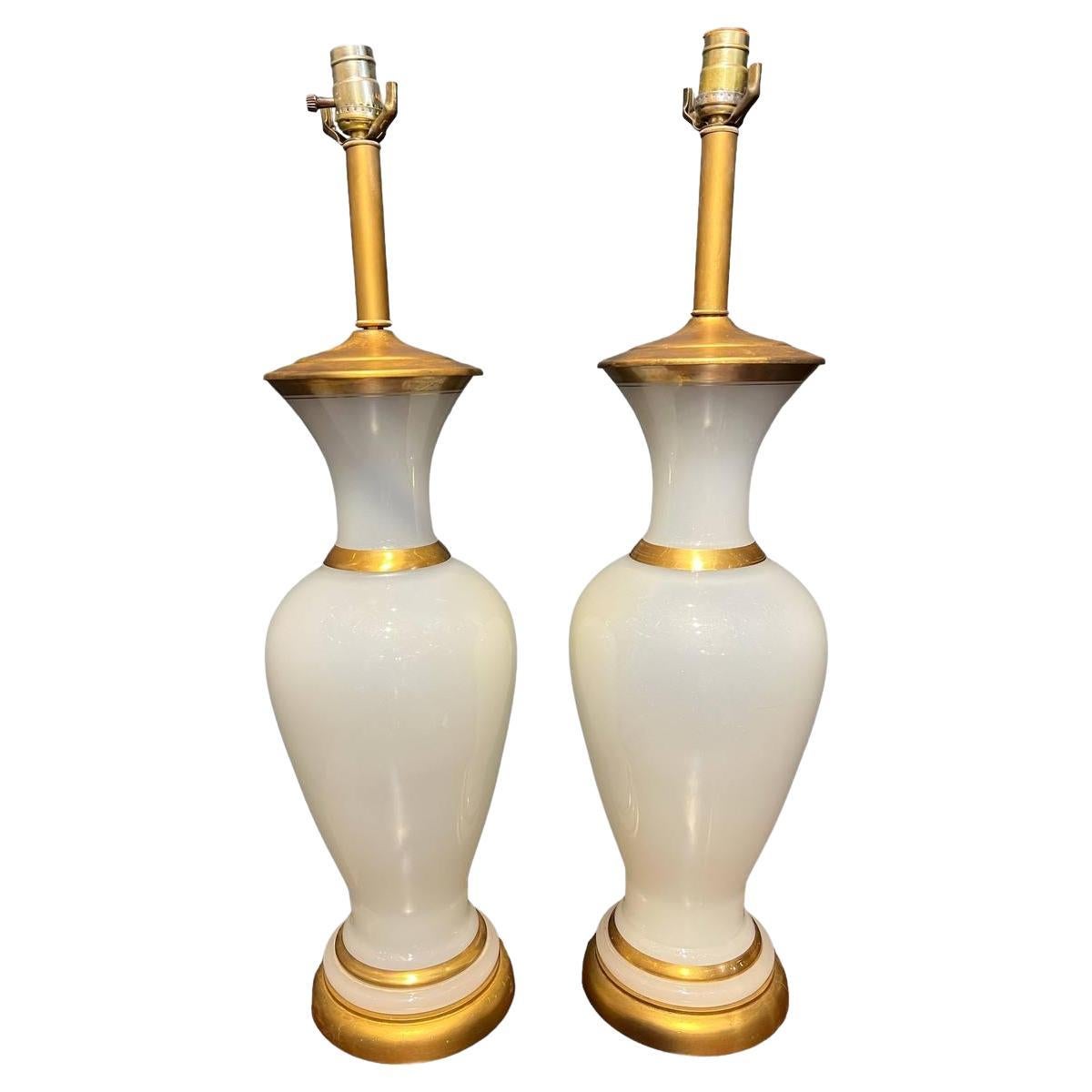 1940's French Large Opaline Glass Table Lamps - Pair
