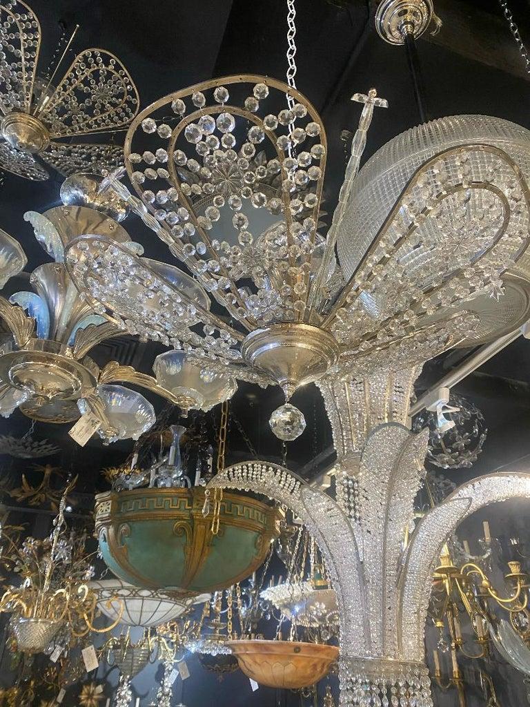 French Provincial 1940's French Silver Plated Light Fixture with Crystals For Sale