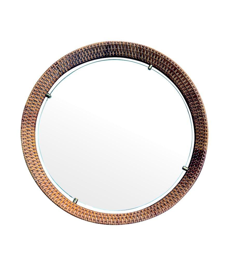 Un espejo circular de ratán tejido italiano de los años 50 de Cantu, Roma, con detalles de latón en venta 1