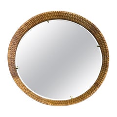 Specchio circolare in rattan intrecciato di Cantu, Roma, anni '50, con dettagli in ottone