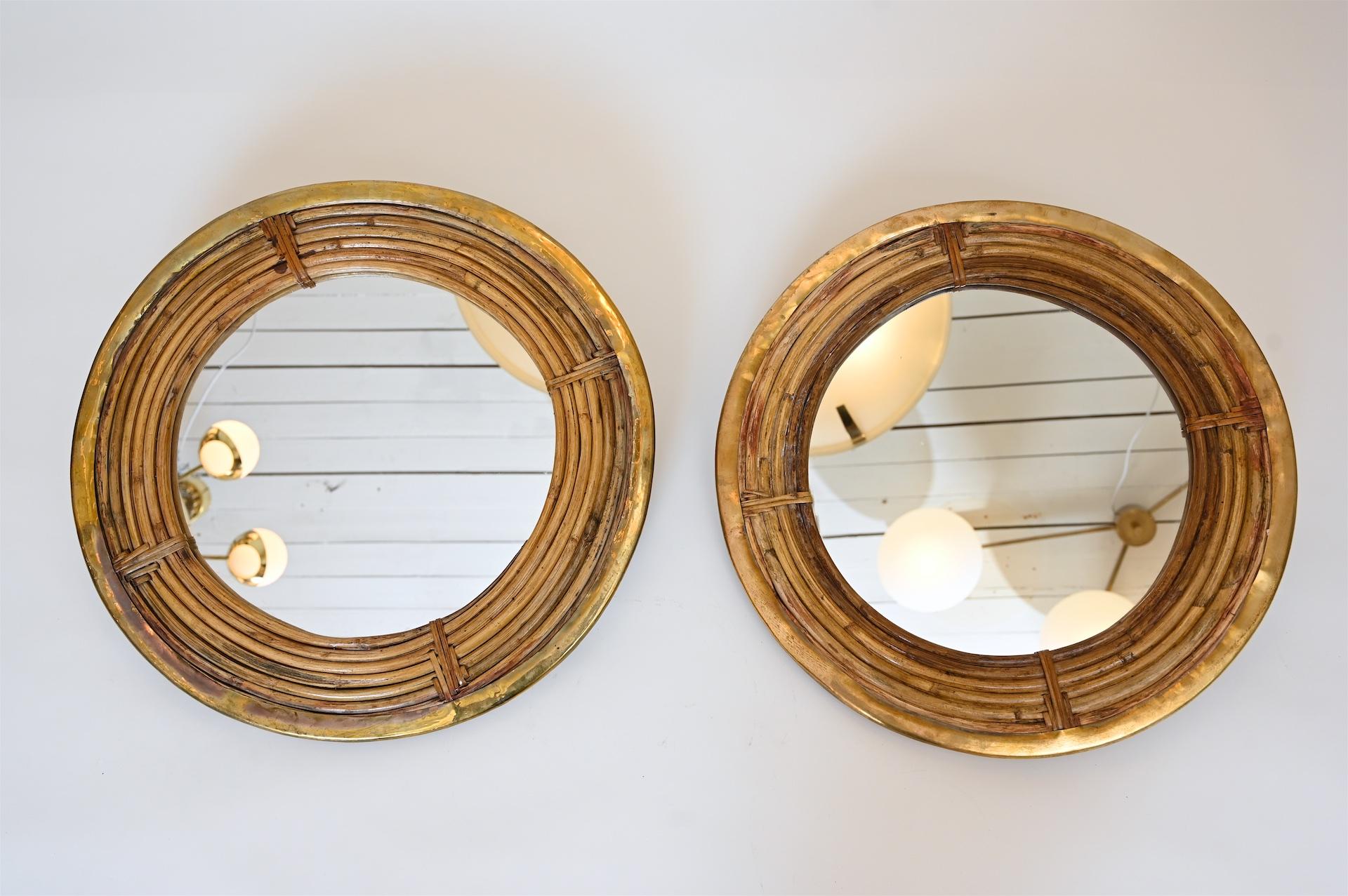 Mid-Century Modern Circular Pair of Rattan and Brass Mirrors, circa 1970