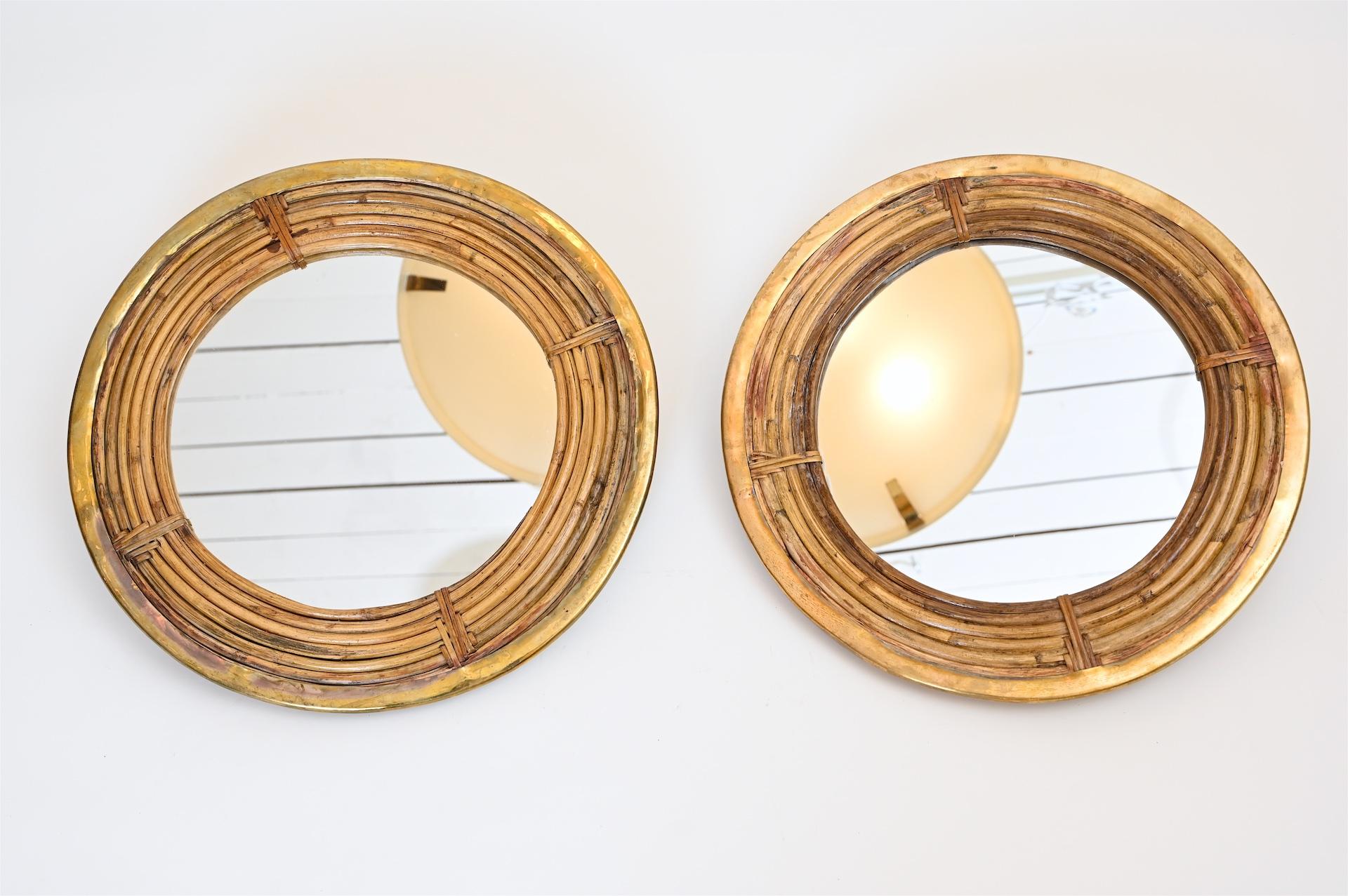 Italian Circular Pair of Rattan and Brass Mirrors, circa 1970