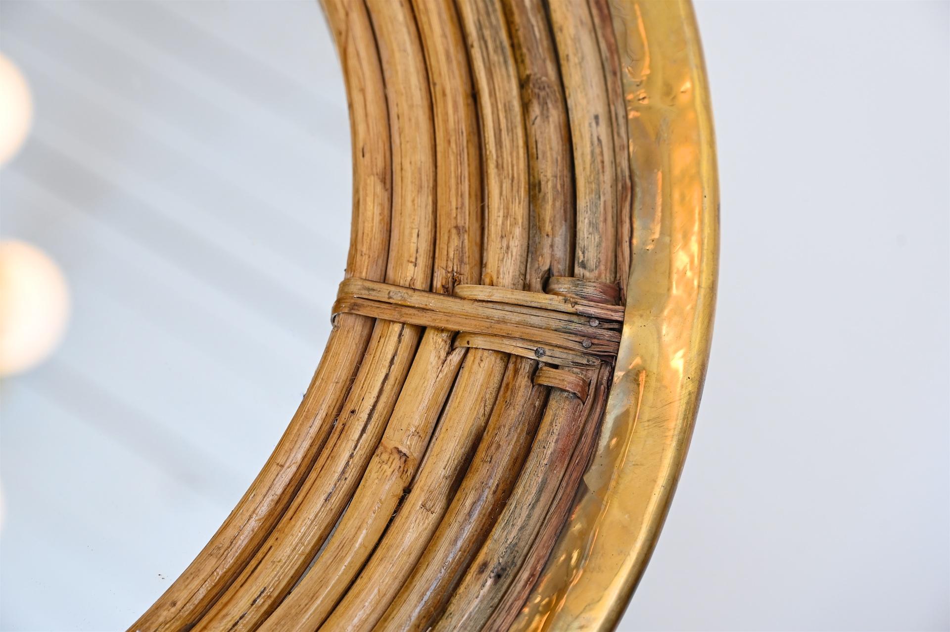 Circular Pair of Rattan and Brass Mirrors, circa 1970 In Good Condition In London, GB