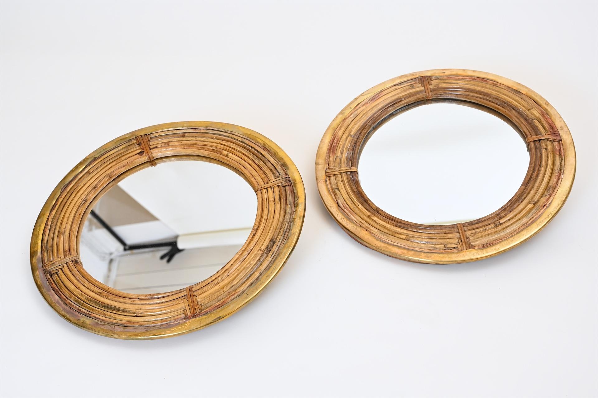 Abalone Circular Pair of Rattan and Brass Mirrors, circa 1970