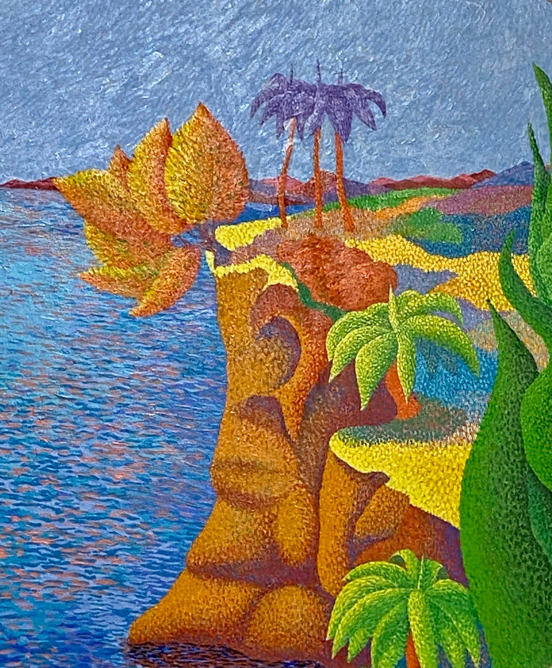 Une grande peinture ronde en pointillisme d'un paysage tropical côtier par Marc. R. Rubin, à la manière de Georges Seurat, signé l/r.
Américain, 20ème siècle
Acrylique sur un panneau de bois

Mesure : Diamètre : 48