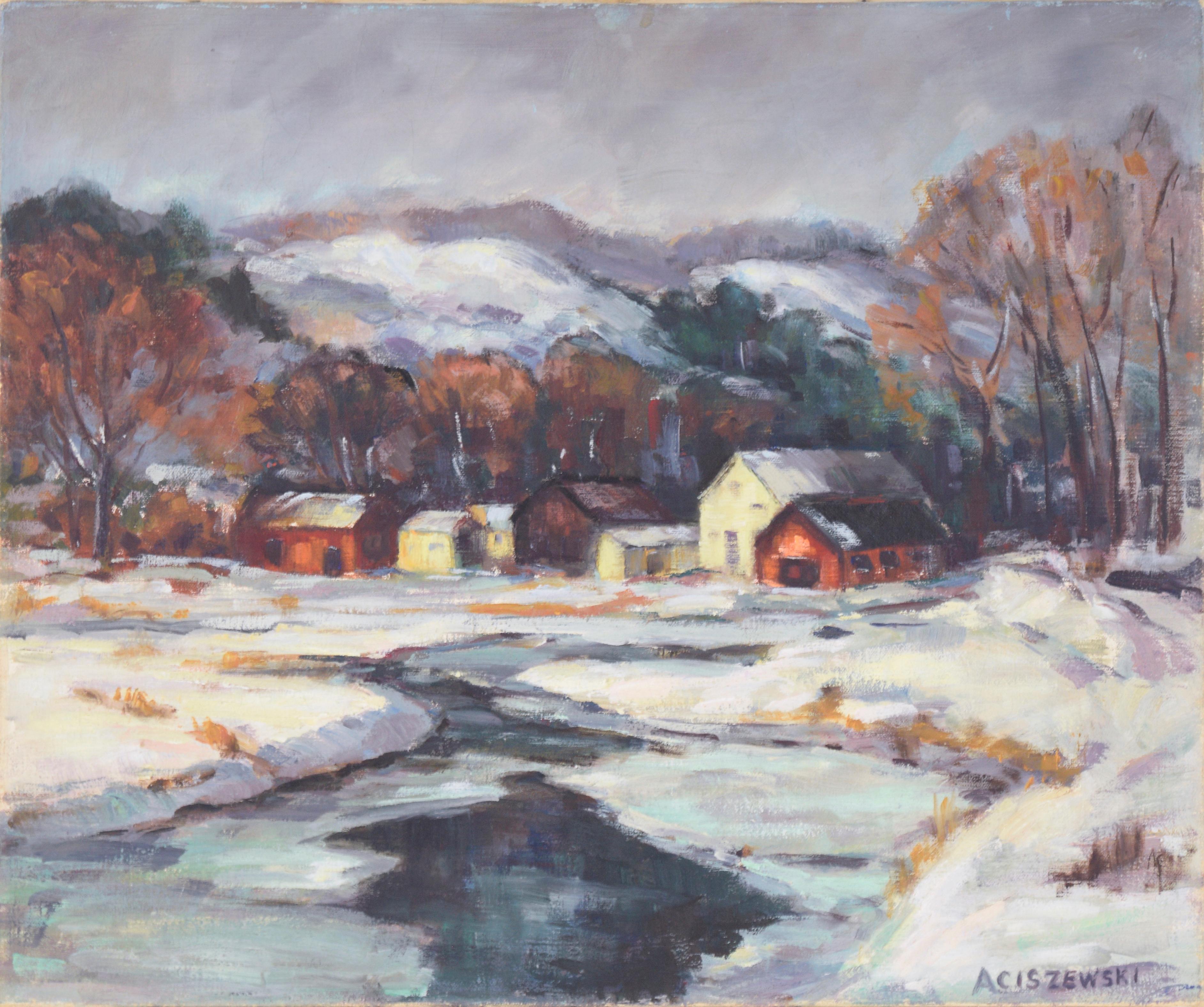 Landscape Painting de A. Ciszewski - Aldea junto al río helado - Paisaje de invierno