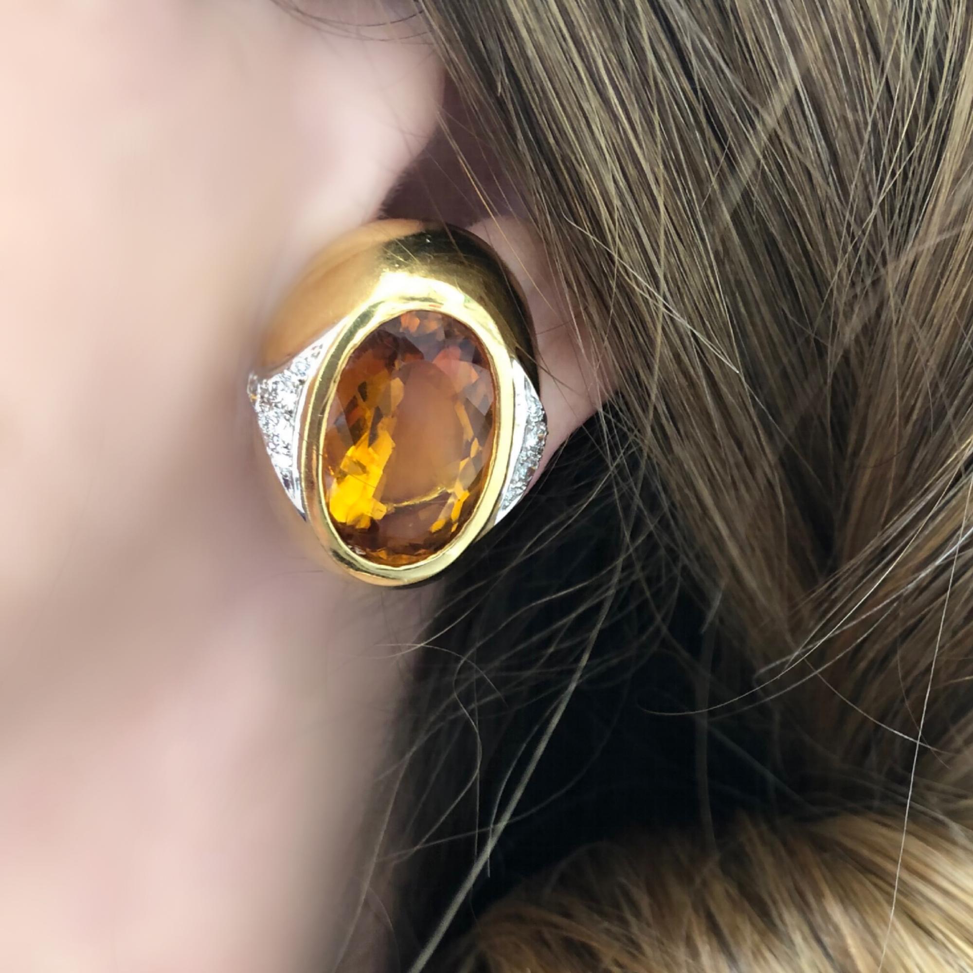 Mixed Cut Citrine and Diamond Clip on Earrings c.1980 Set in 18k Gold