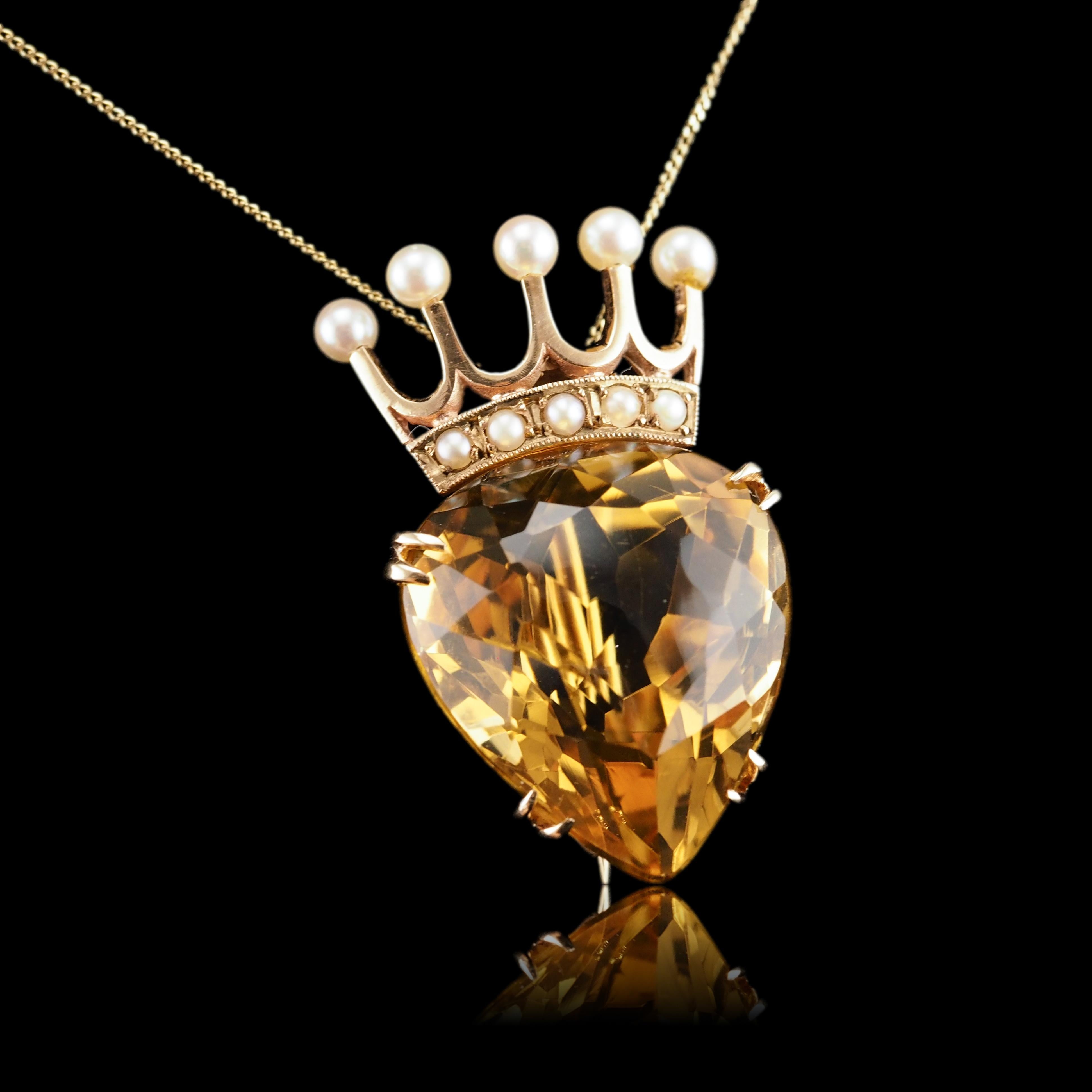 A Citrine & Pearl Pendant Necklace/Brooch 14K Gold Heart Coronet Crown  8
