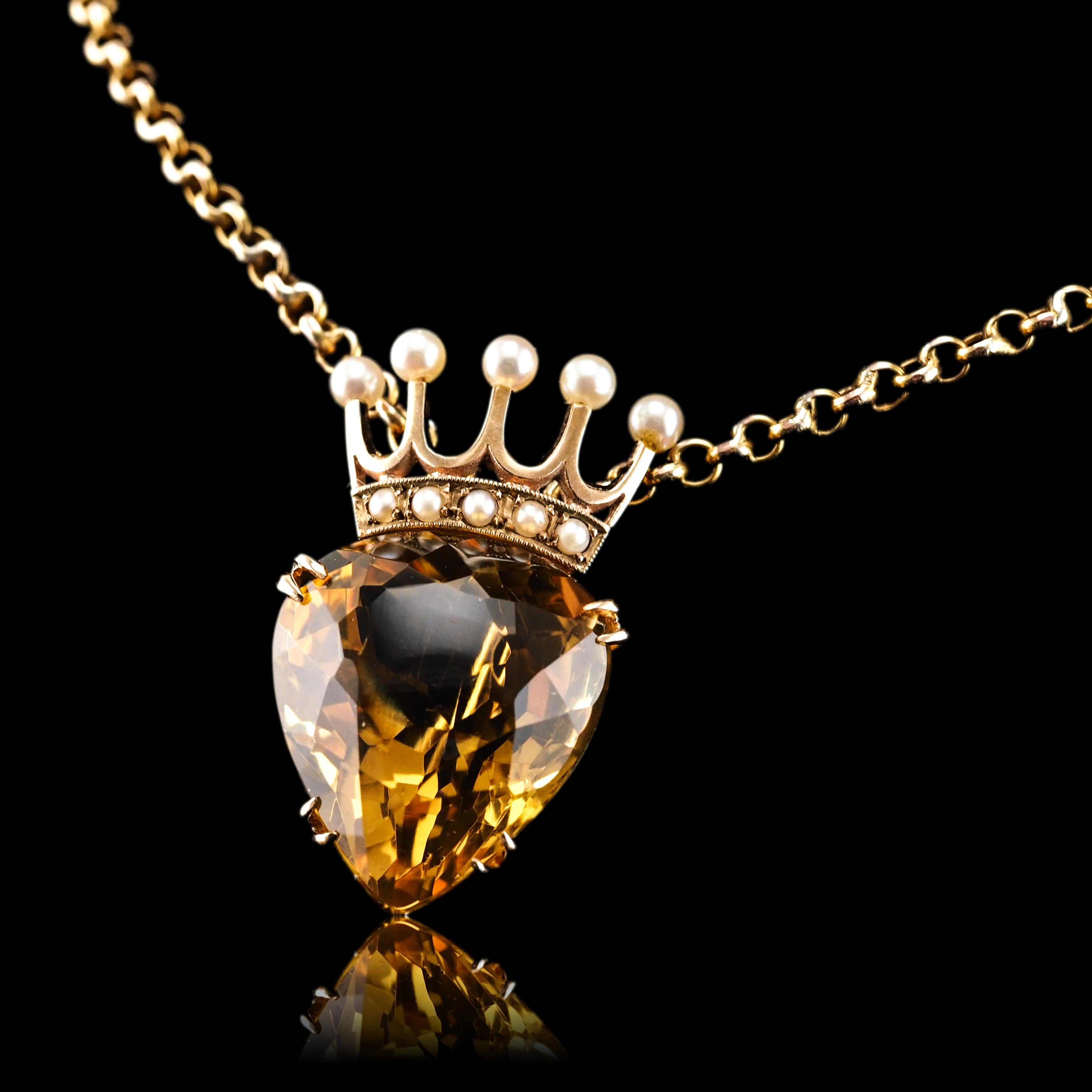 A Citrine & Pearl Pendant Necklace/Brooch 14K Gold Heart Coronet Crown  9