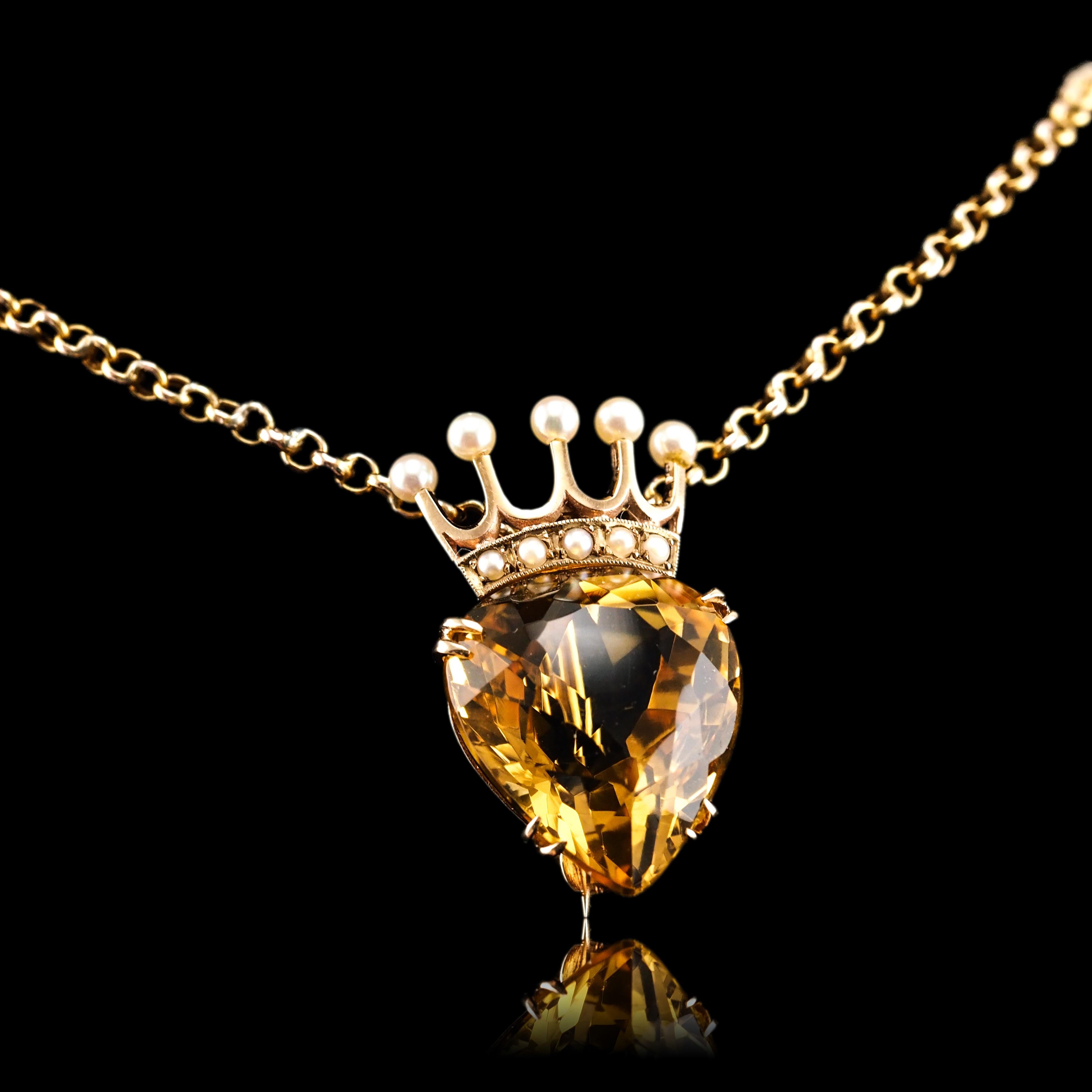 A Citrine & Pearl Pendant Necklace/Brooch 14K Gold Heart Coronet Crown  10