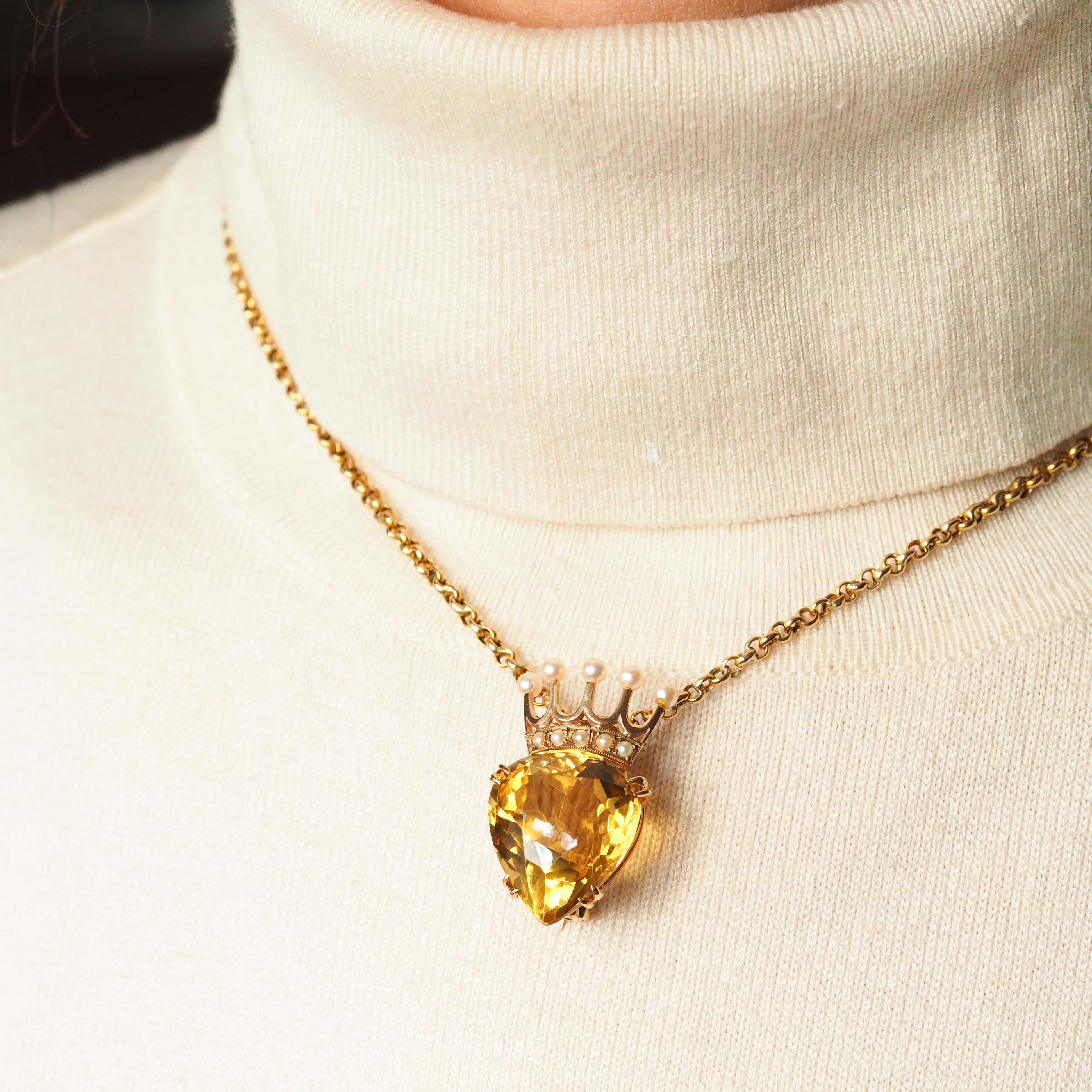 Pear Cut A Citrine & Pearl Pendant Necklace/Brooch 14K Gold Heart Coronet Crown 