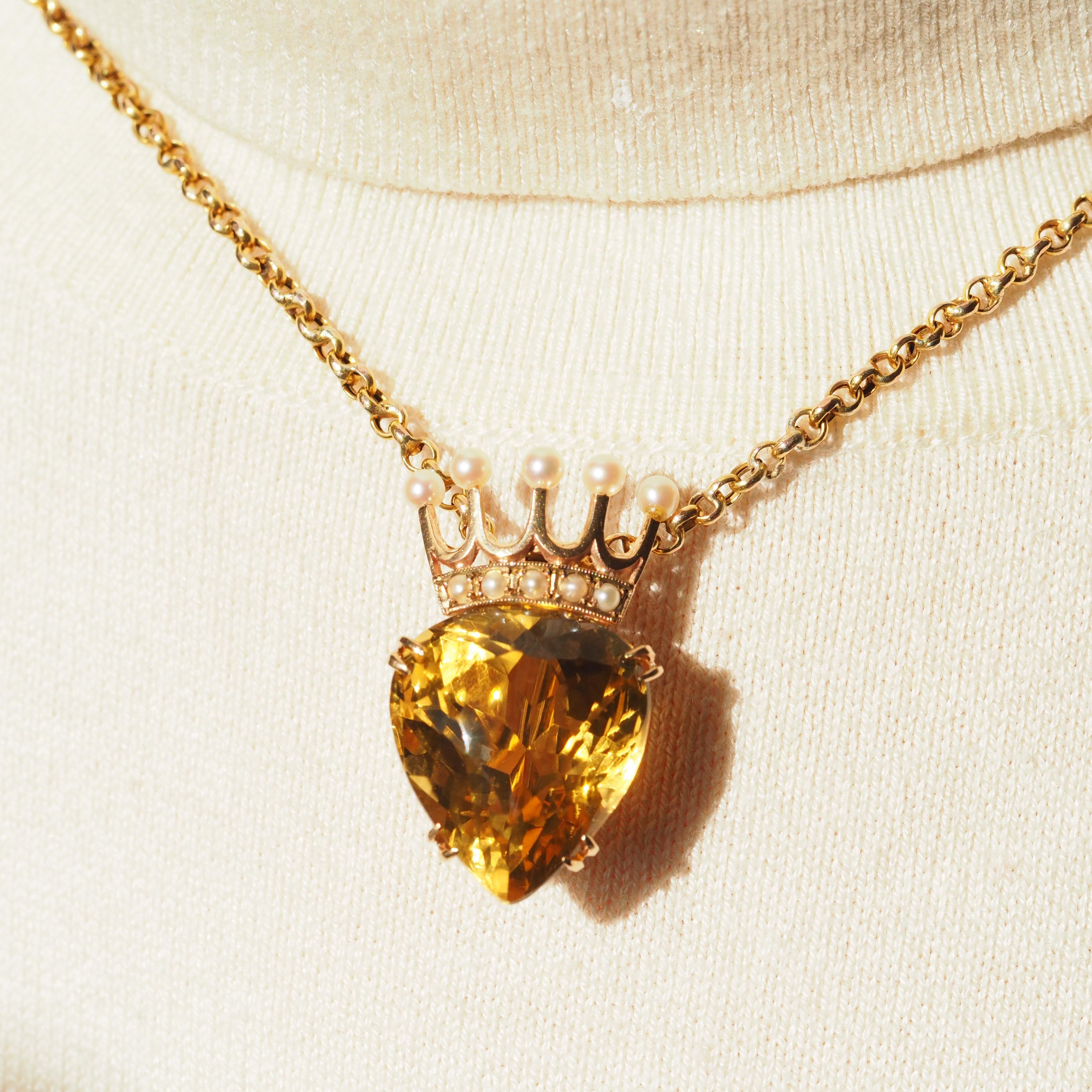 A Citrine & Pearl Pendant Necklace/Brooch 14K Gold Heart Coronet Crown  In Good Condition In London, GB