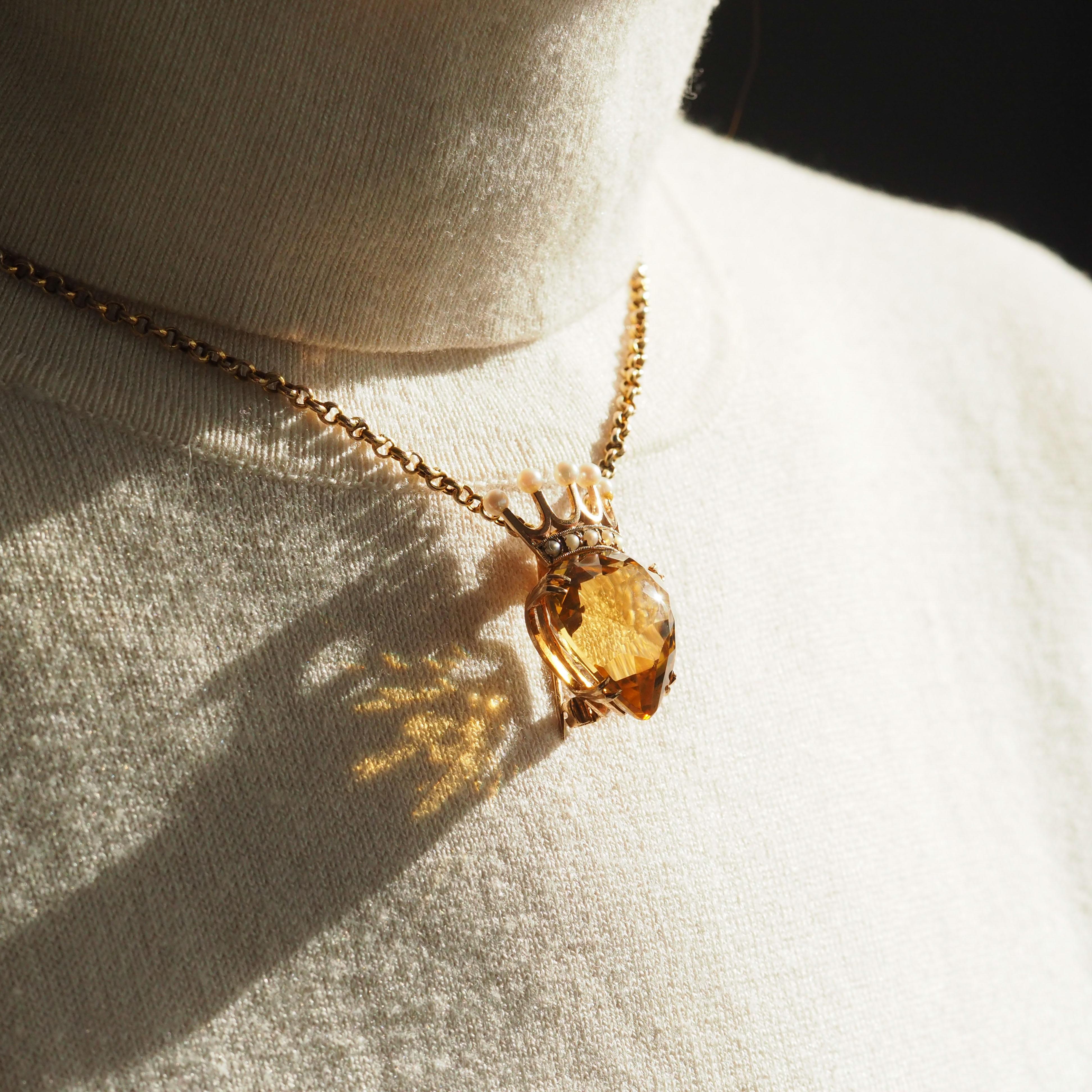 Women's or Men's A Citrine & Pearl Pendant Necklace/Brooch 14K Gold Heart Coronet Crown 