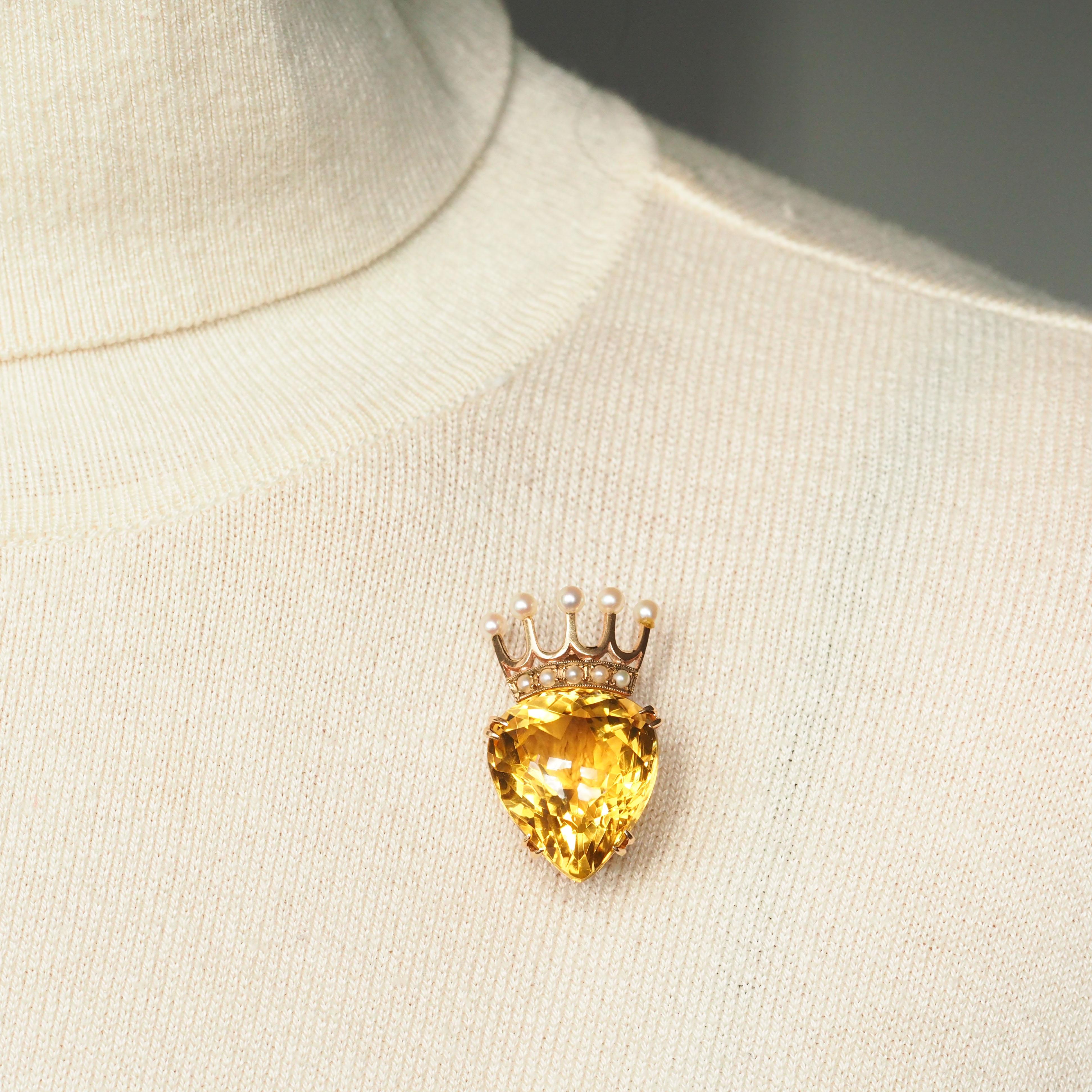 A Citrine & Pearl Pendant Necklace/Brooch 14K Gold Heart Coronet Crown  2