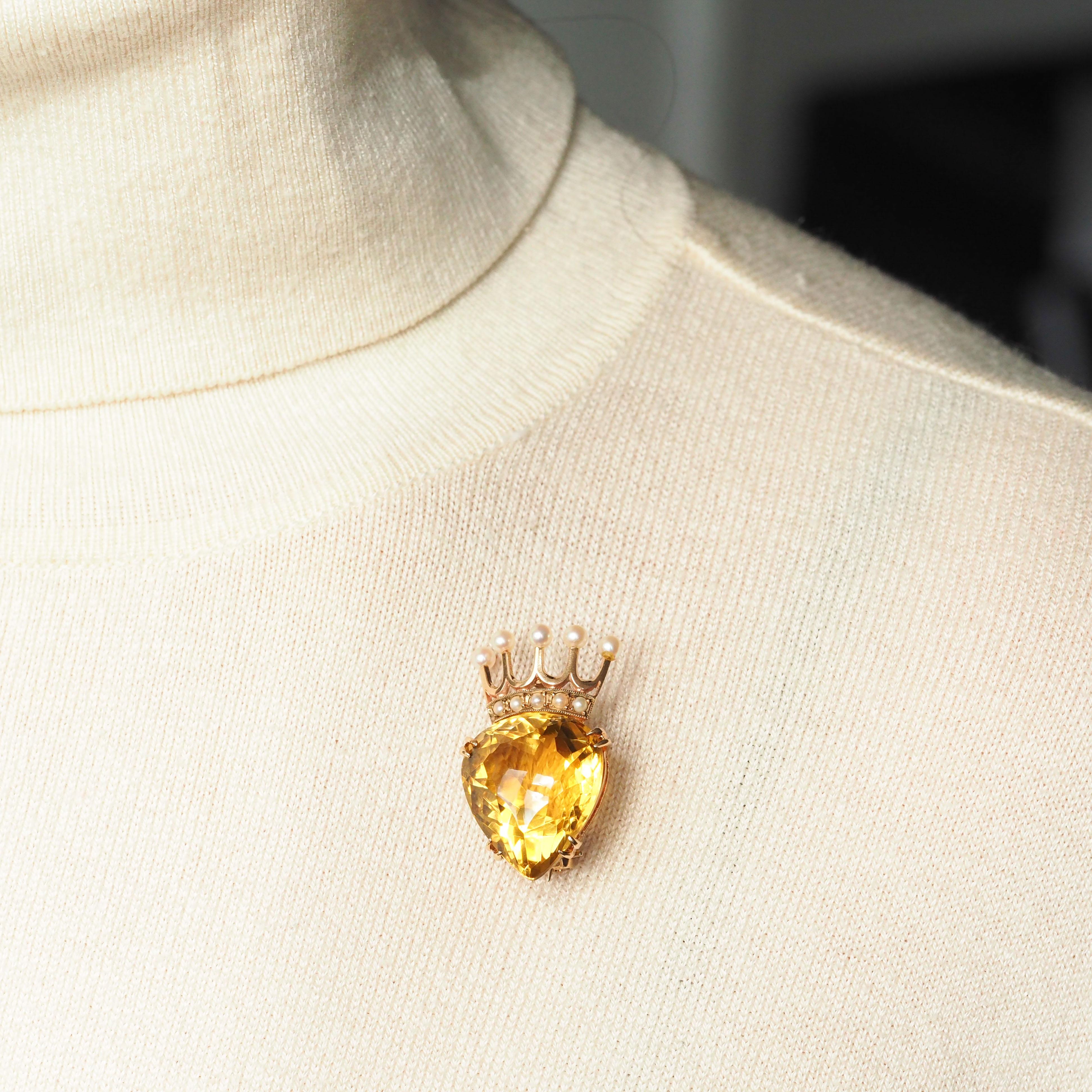 A Citrine & Pearl Pendant Necklace/Brooch 14K Gold Heart Coronet Crown  3