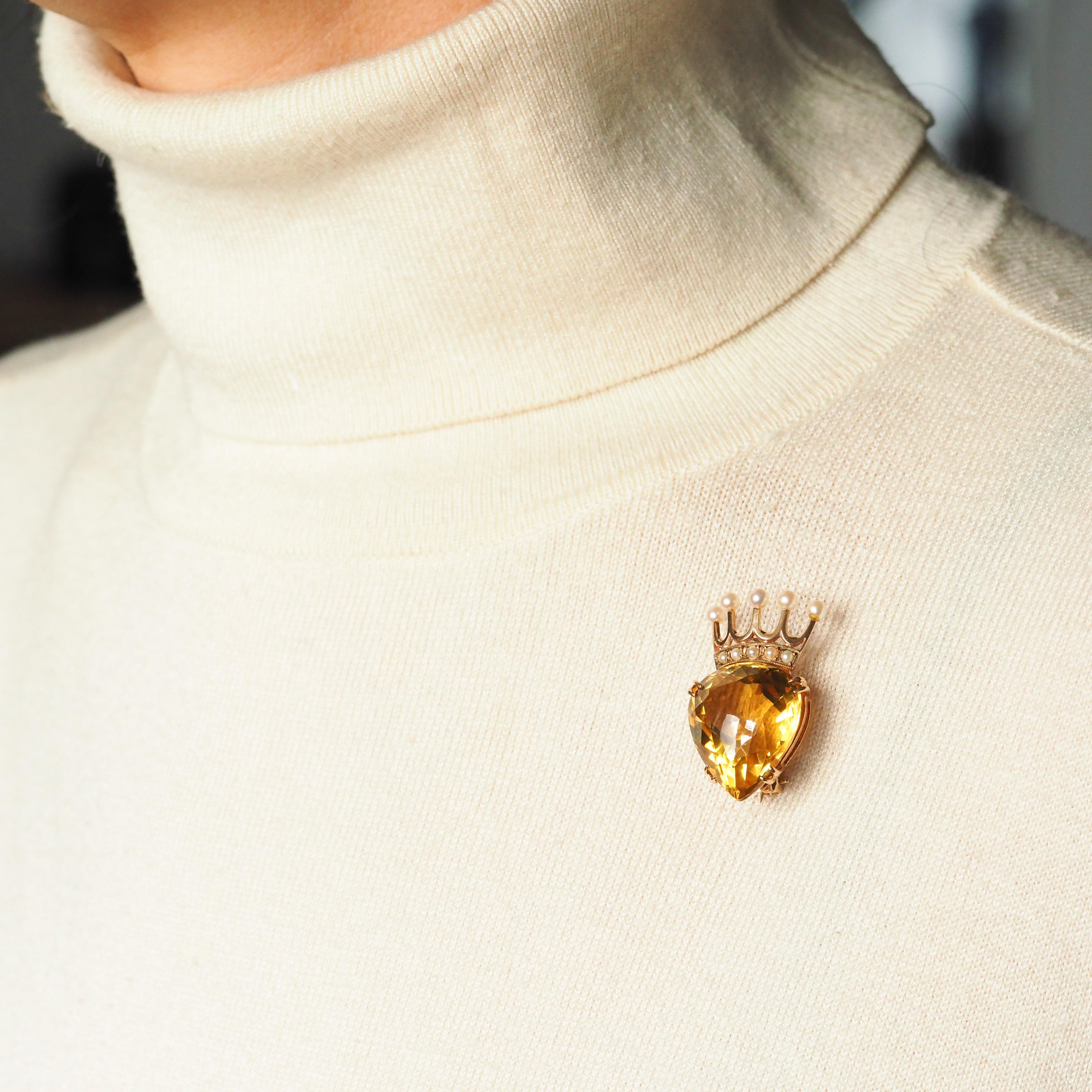 A Citrine & Pearl Pendant Necklace/Brooch 14K Gold Heart Coronet Crown  4