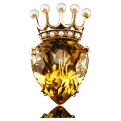 A Citrine & Pearl Pendant Necklace/Brooch 14K Gold Heart Coronet Crown