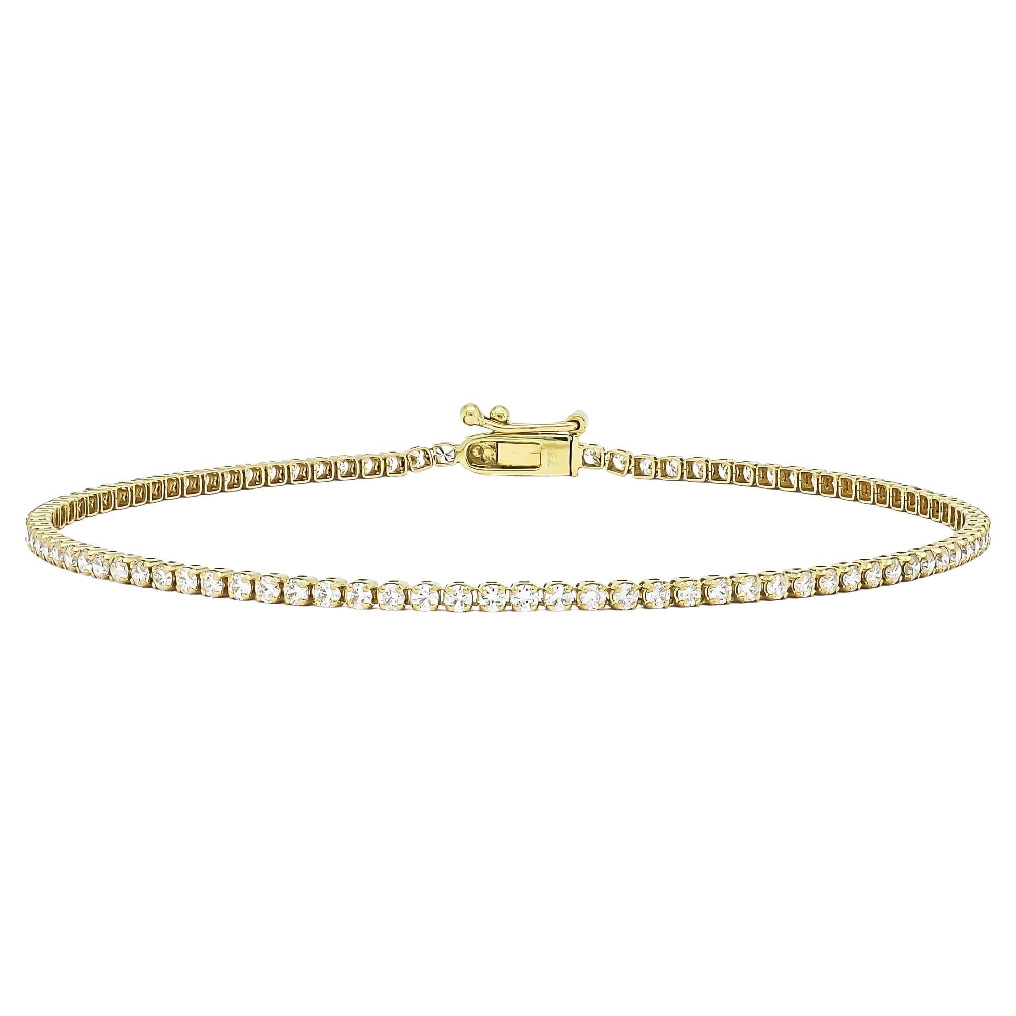 18KT Gelbgold Natürliche Diamanten Klassisches Tennisarmband mit vier Zacken, 1,50 Karat 