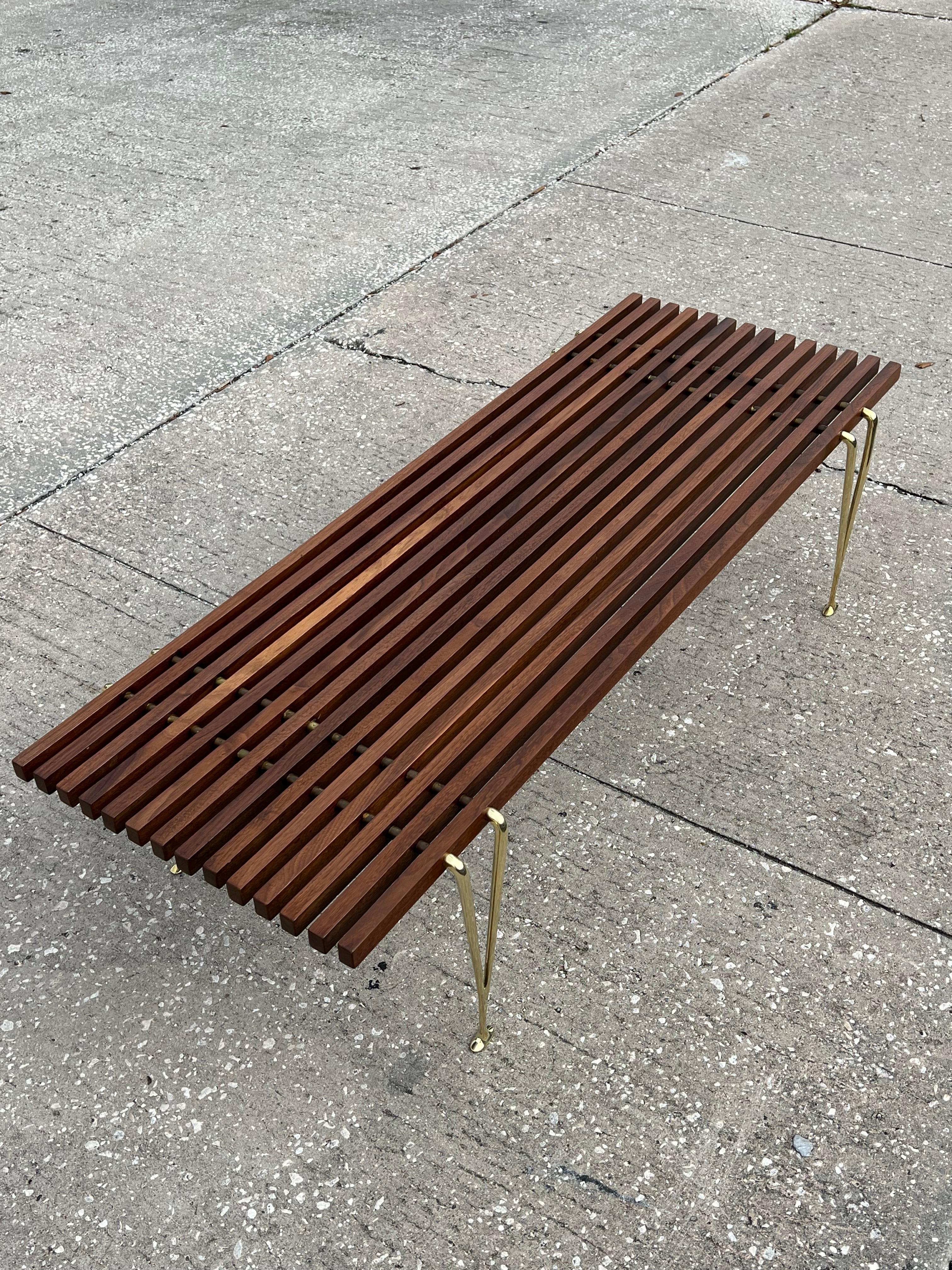 A Classic Hugh Acton Slat Bench With Solid Brass Legs ca' 1950's For Sale 5