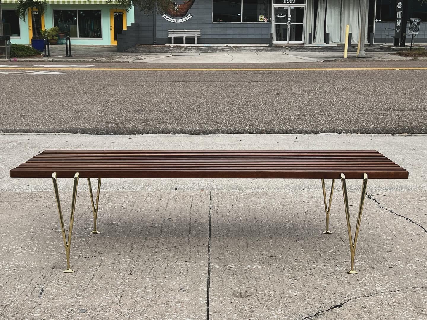 A Classic Hugh Acton Slat Bench With Solid Brass Legs ca' 1950's For Sale 6