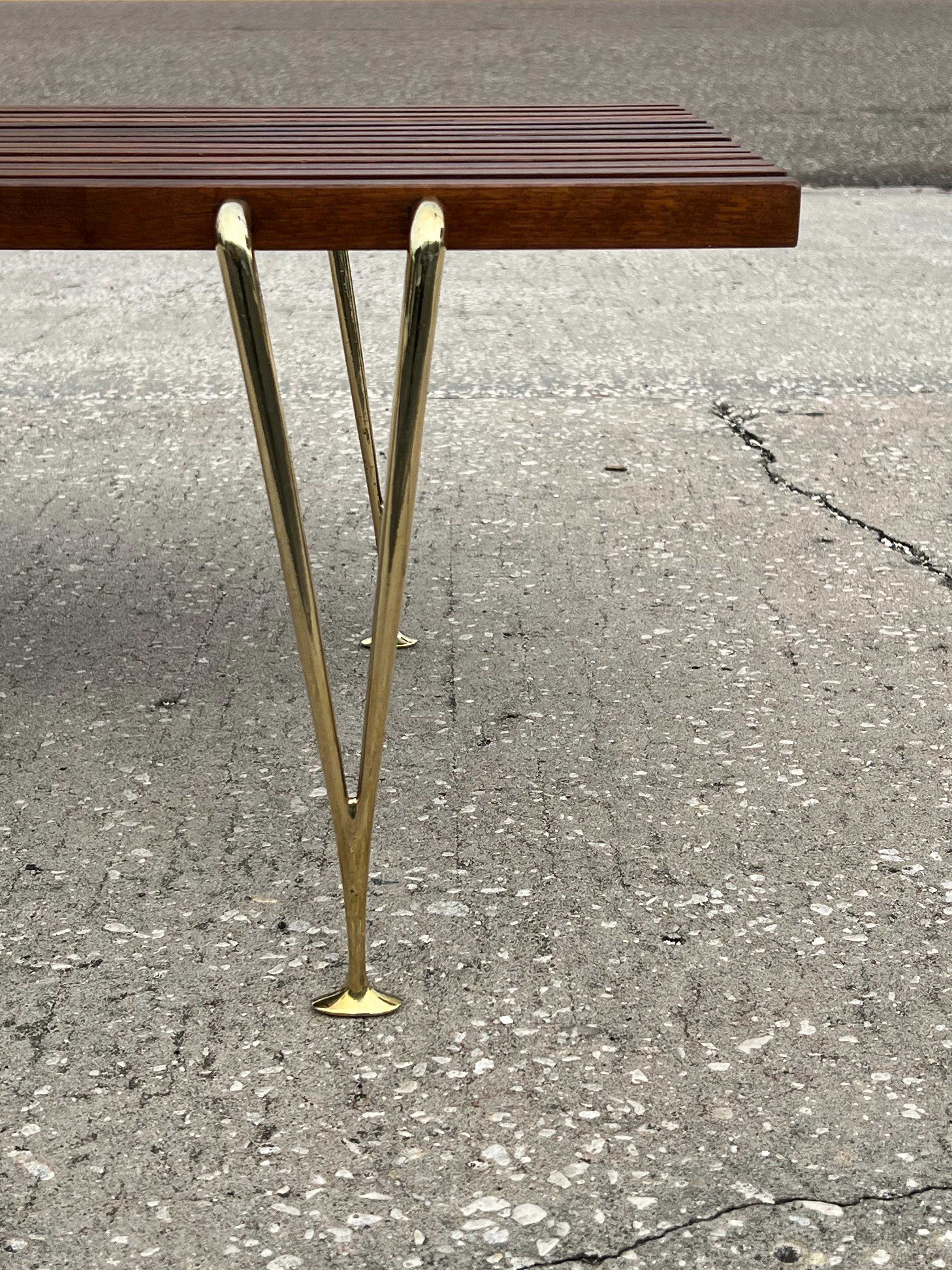 A Classic Hugh Acton Slat Bench With Solid Brass Legs ca' 1950's For Sale 7