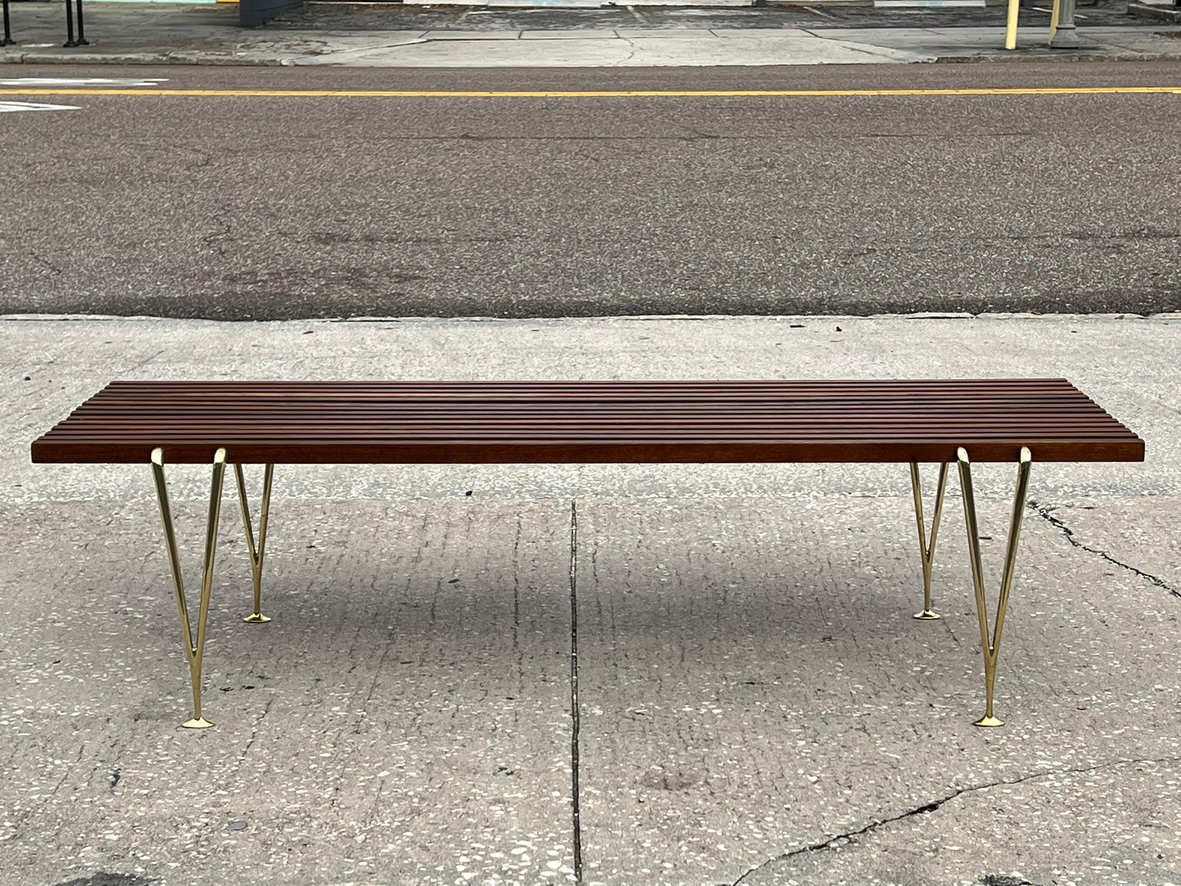 A Classic Hugh Acton Slat Bench With Solid Brass Legs ca' 1950's For Sale 8