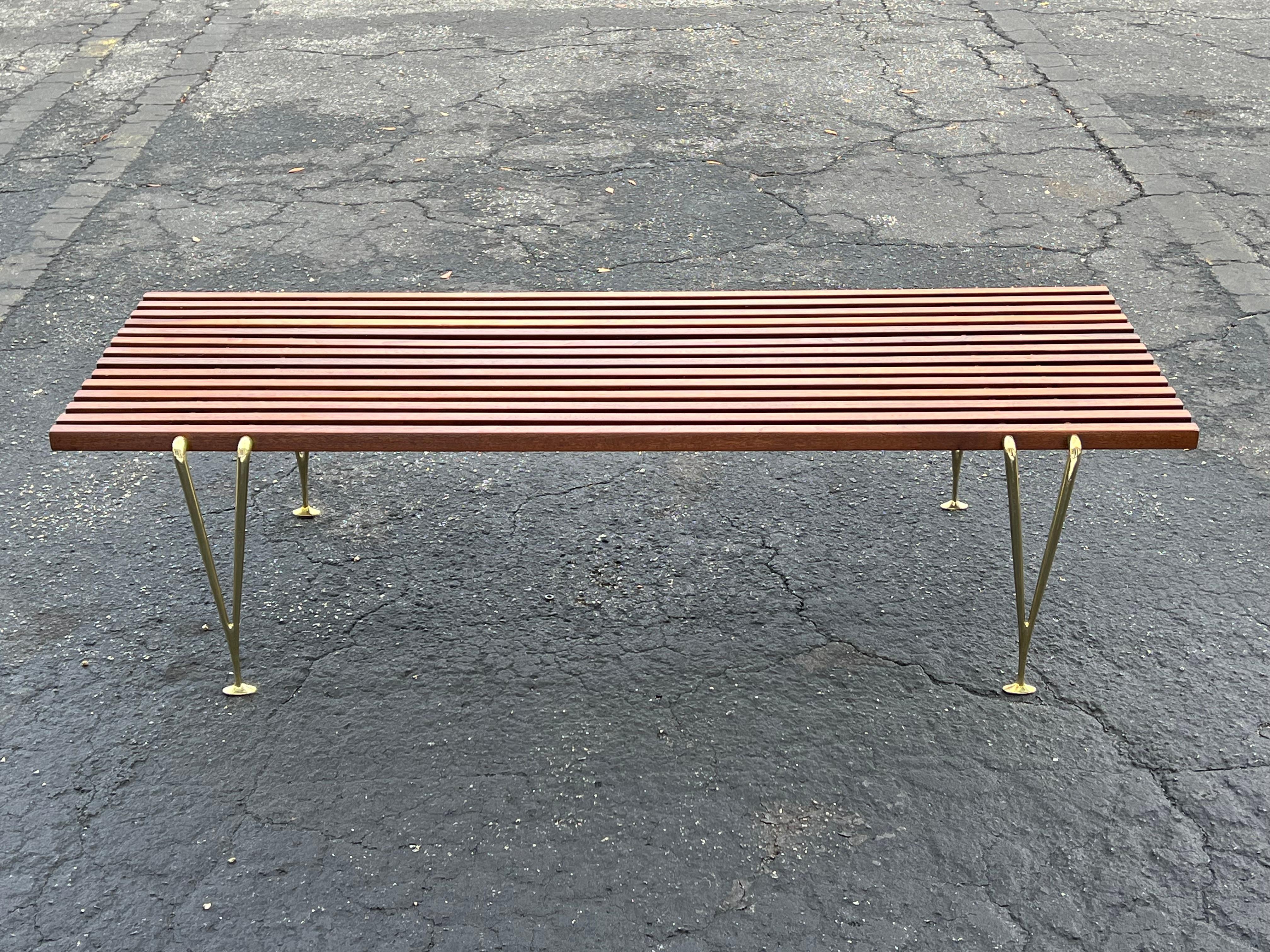 Mid-Century Modern A Classic Hugh Acton Slat Bench With Solid Brass Legs ca' 1950's For Sale