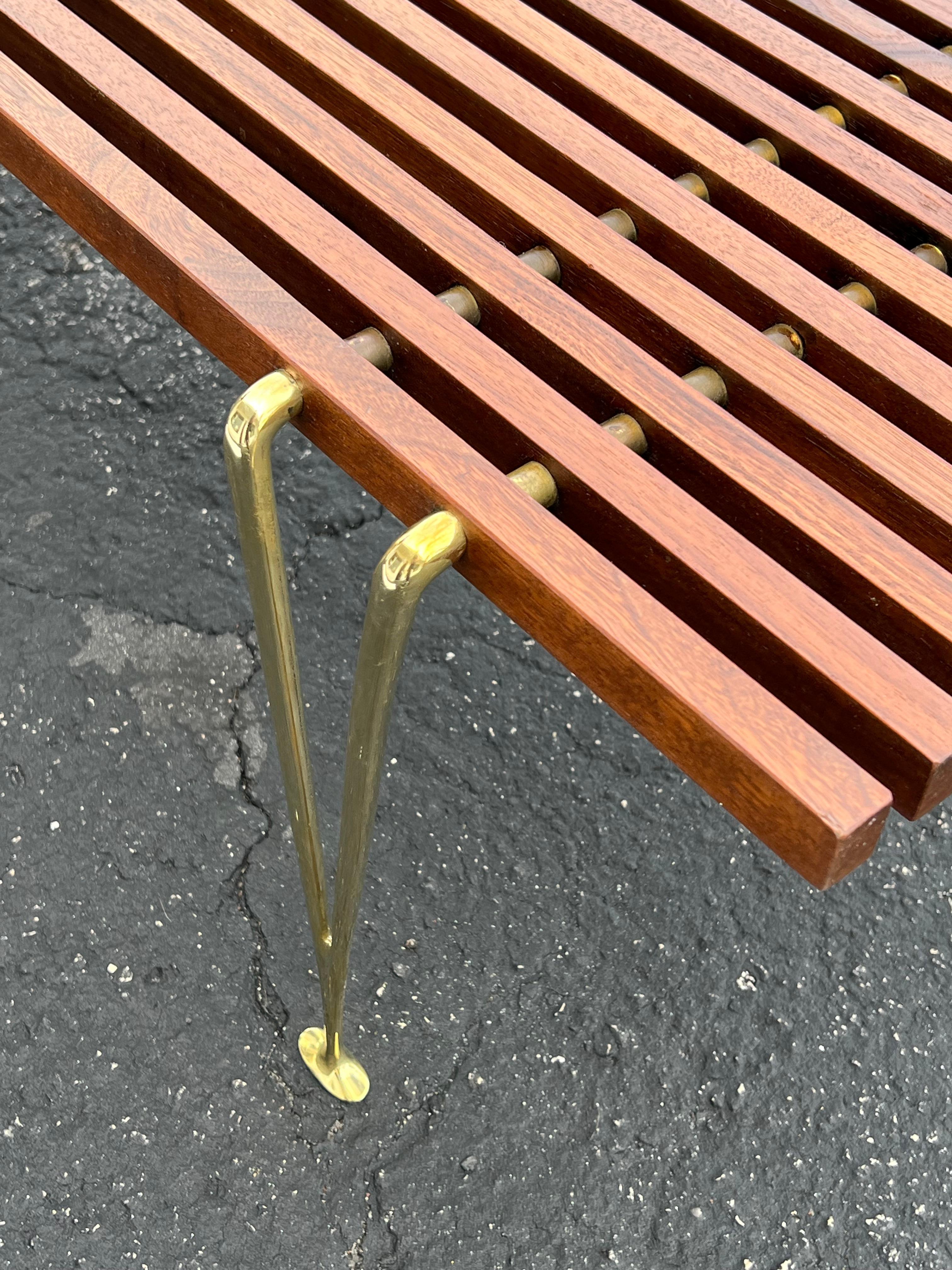A Classic Hugh Acton Slat Bench With Solid Brass Legs ca' 1950's In Good Condition For Sale In St.Petersburg, FL