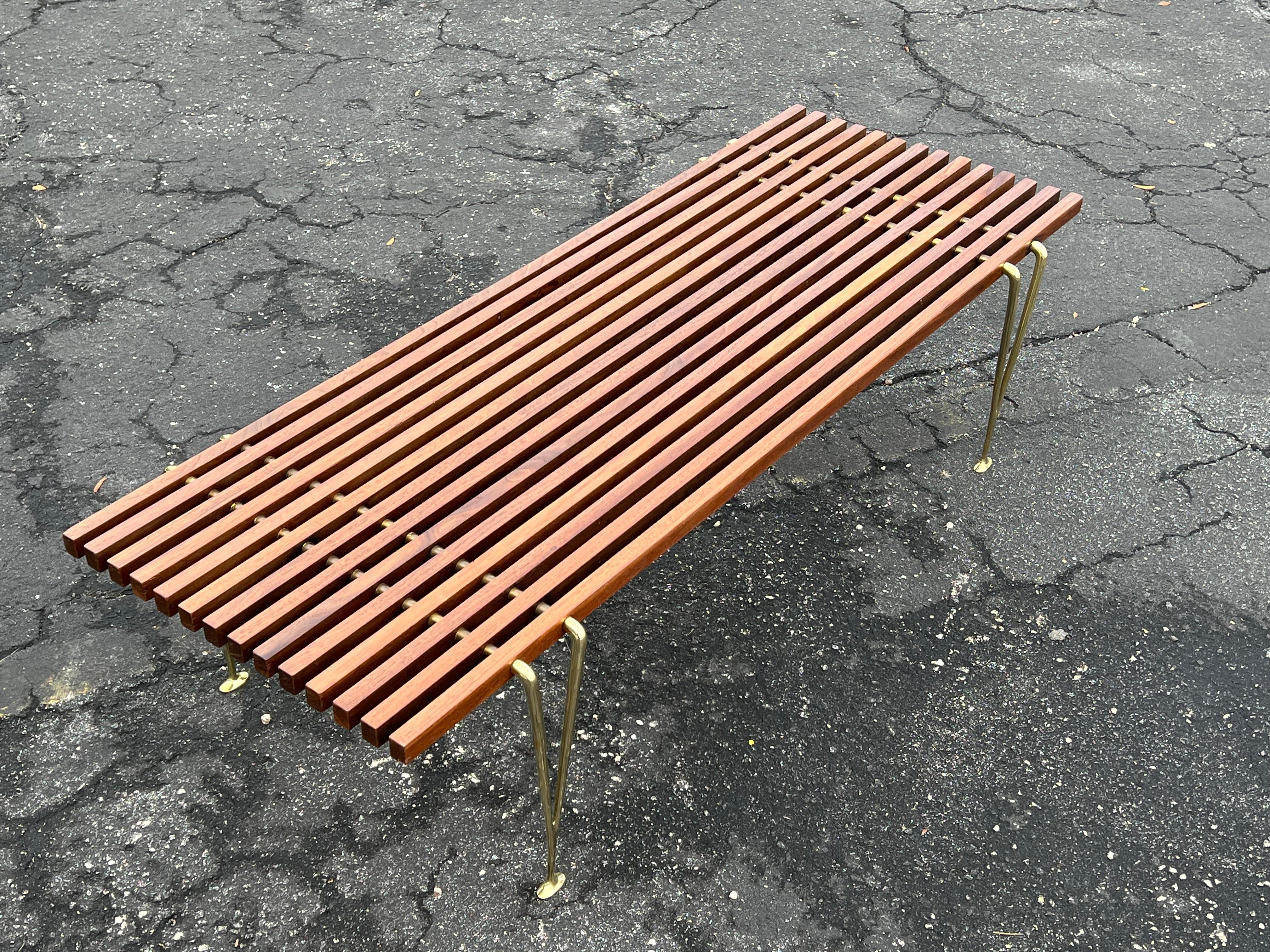 A Classic Hugh Acton Slat Bench With Solid Brass Legs ca' 1950's For Sale 3