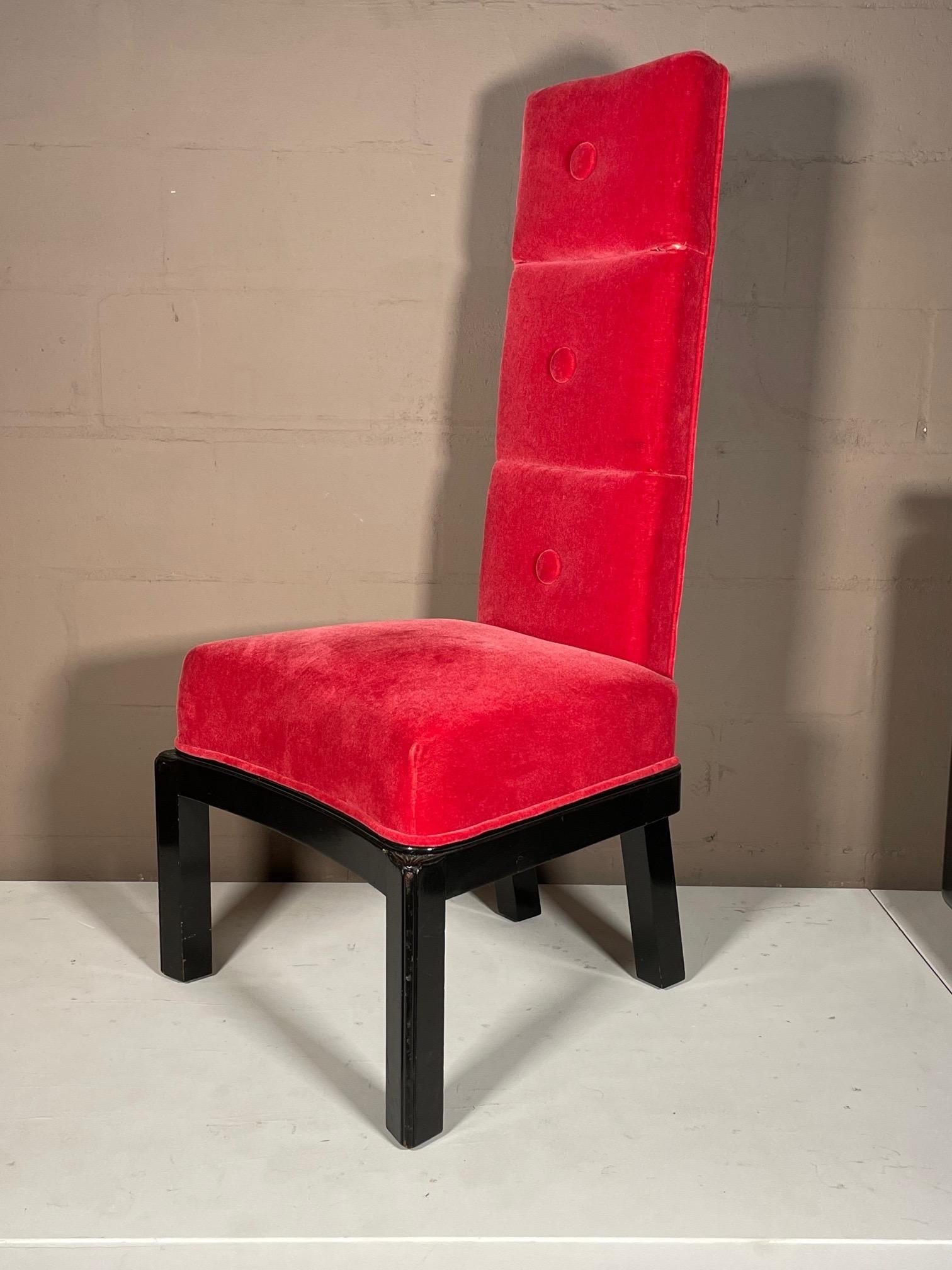 A classic James Mont tall back chair, ca' 1950's. Lacquered frame with velvet upholstery.