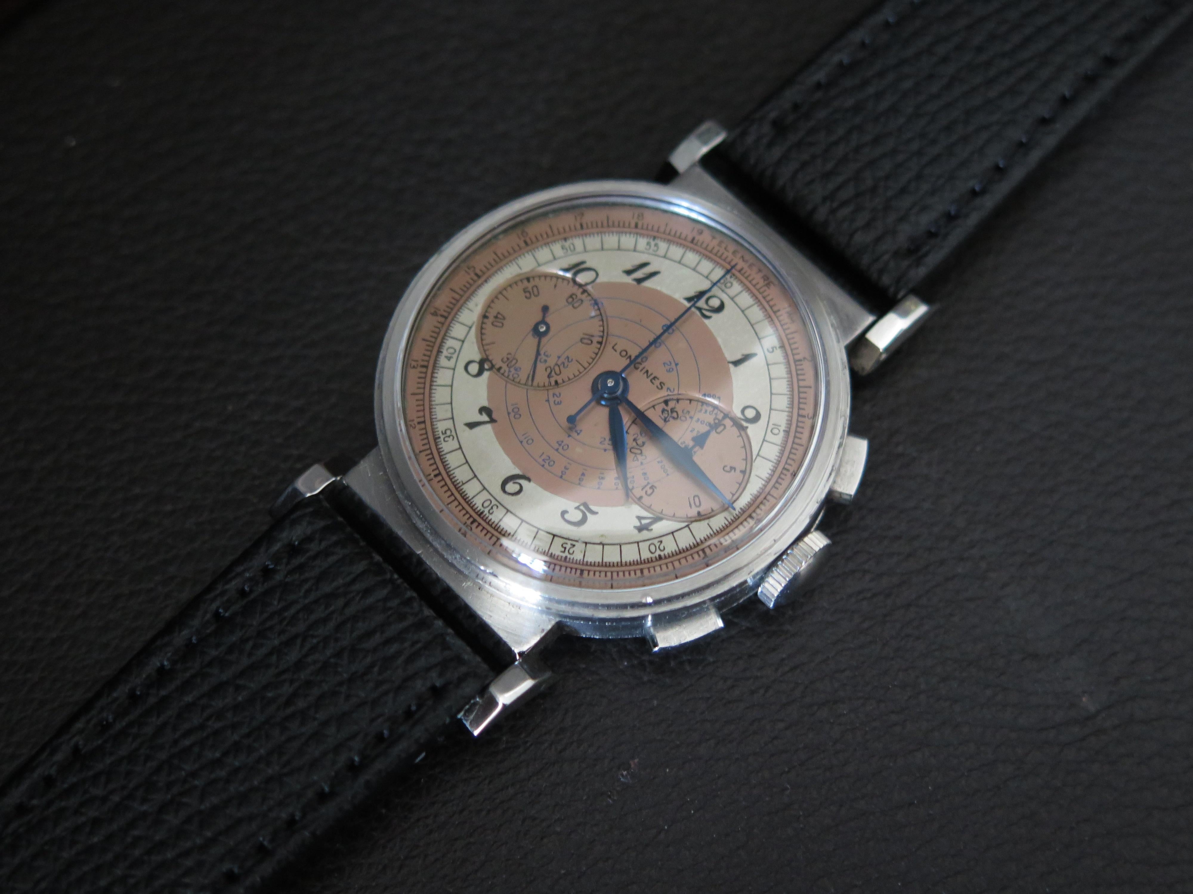 A Classic Longines Chronograph Stainless Steel 13ZN Telemeter Scale ca' 1930's In Good Condition For Sale In Saint Petersburg, FL